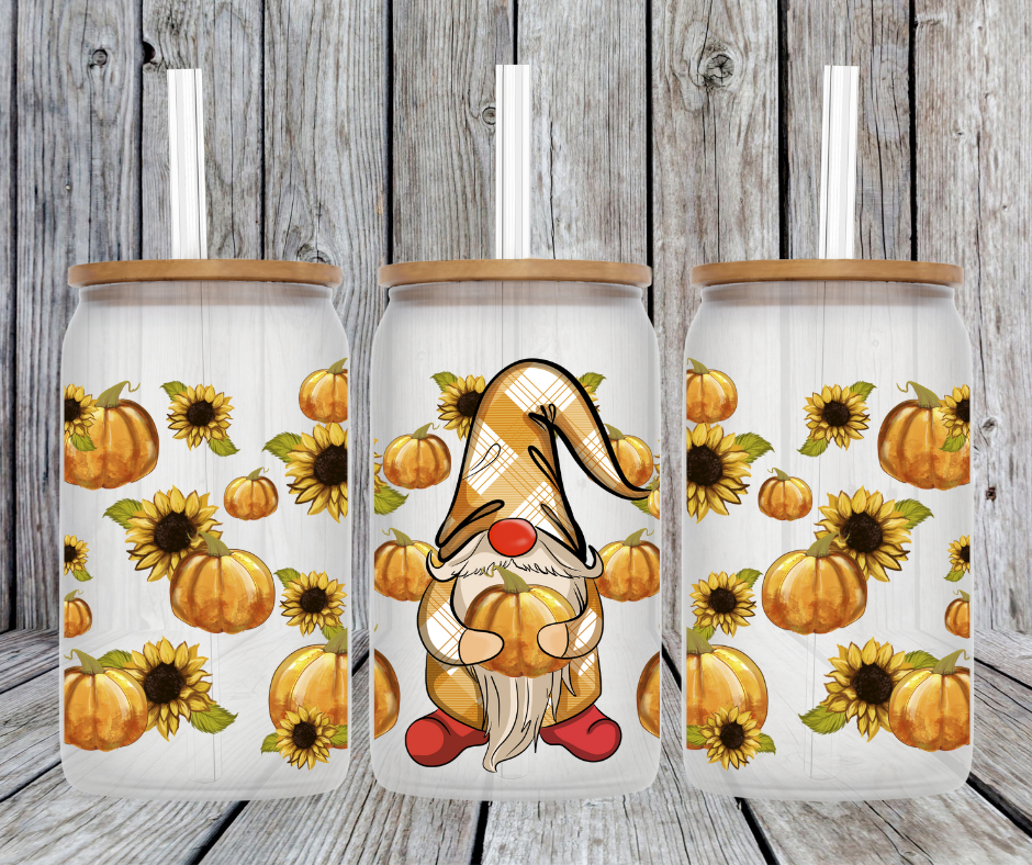 Gnome Fall Pumpkin Frosted 16 oz Beer Can Glass