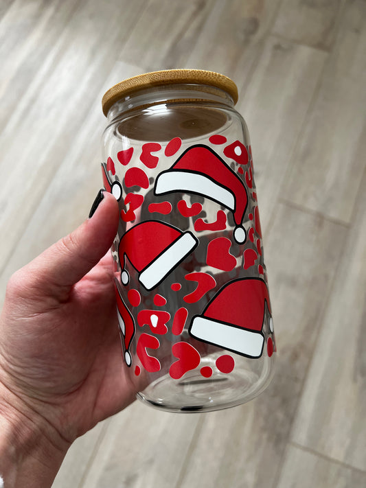 Leopard Santa Hat 16 oz Beer Can Glass