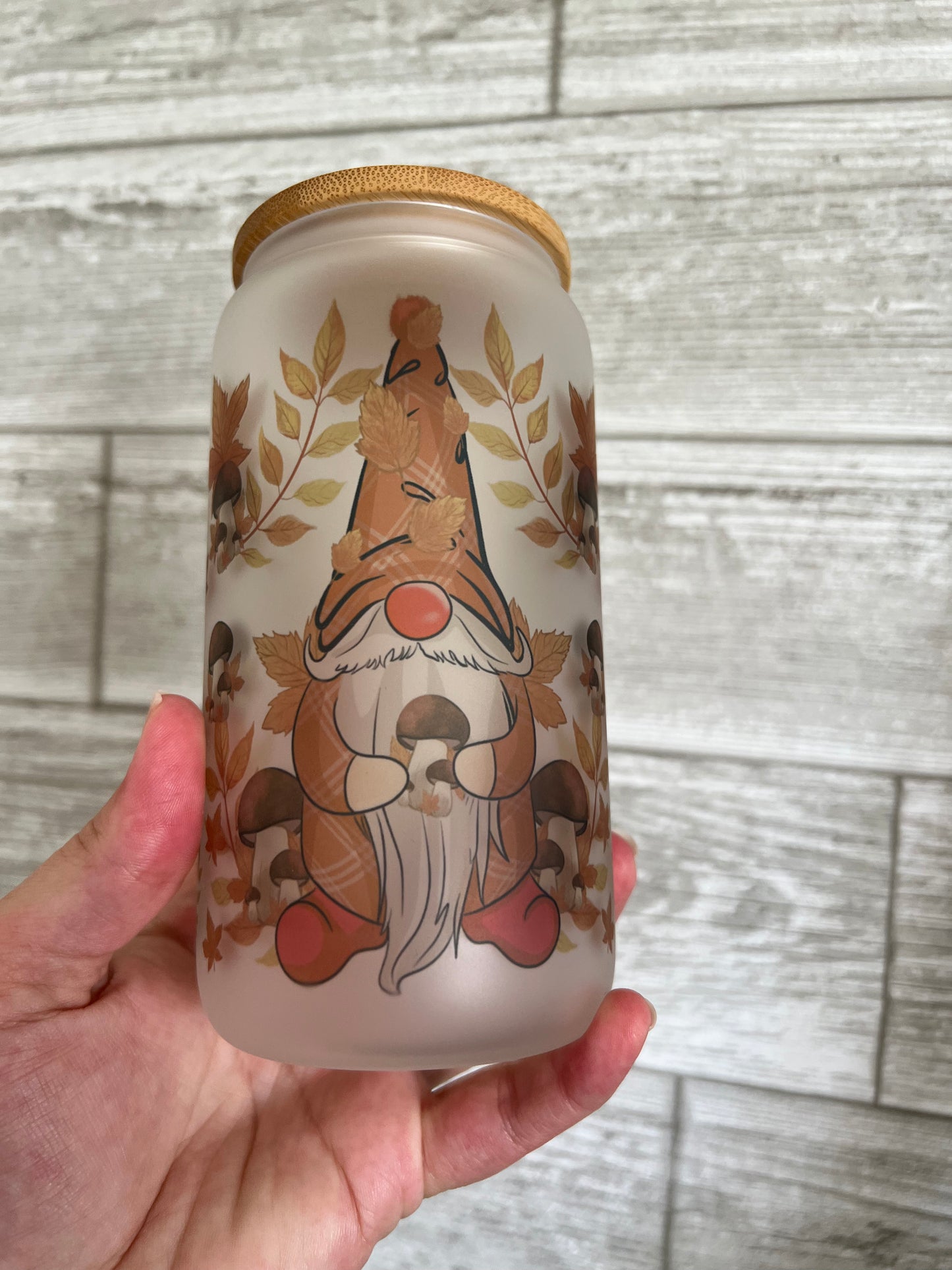 Gnome Fall Mushrooms Frosted 16 oz Beer Can Glass