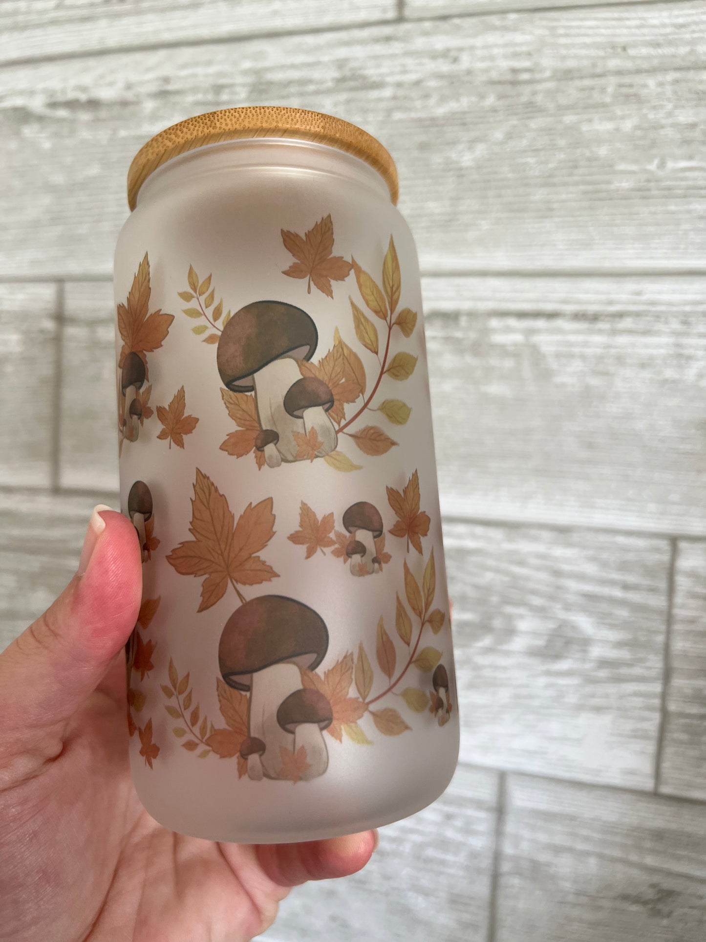 Gnome Fall Mushrooms Frosted 16 oz Beer Can Glass