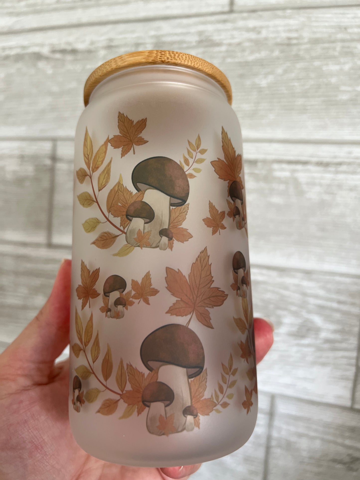 Gnome Fall Mushrooms Frosted 16 oz Beer Can Glass