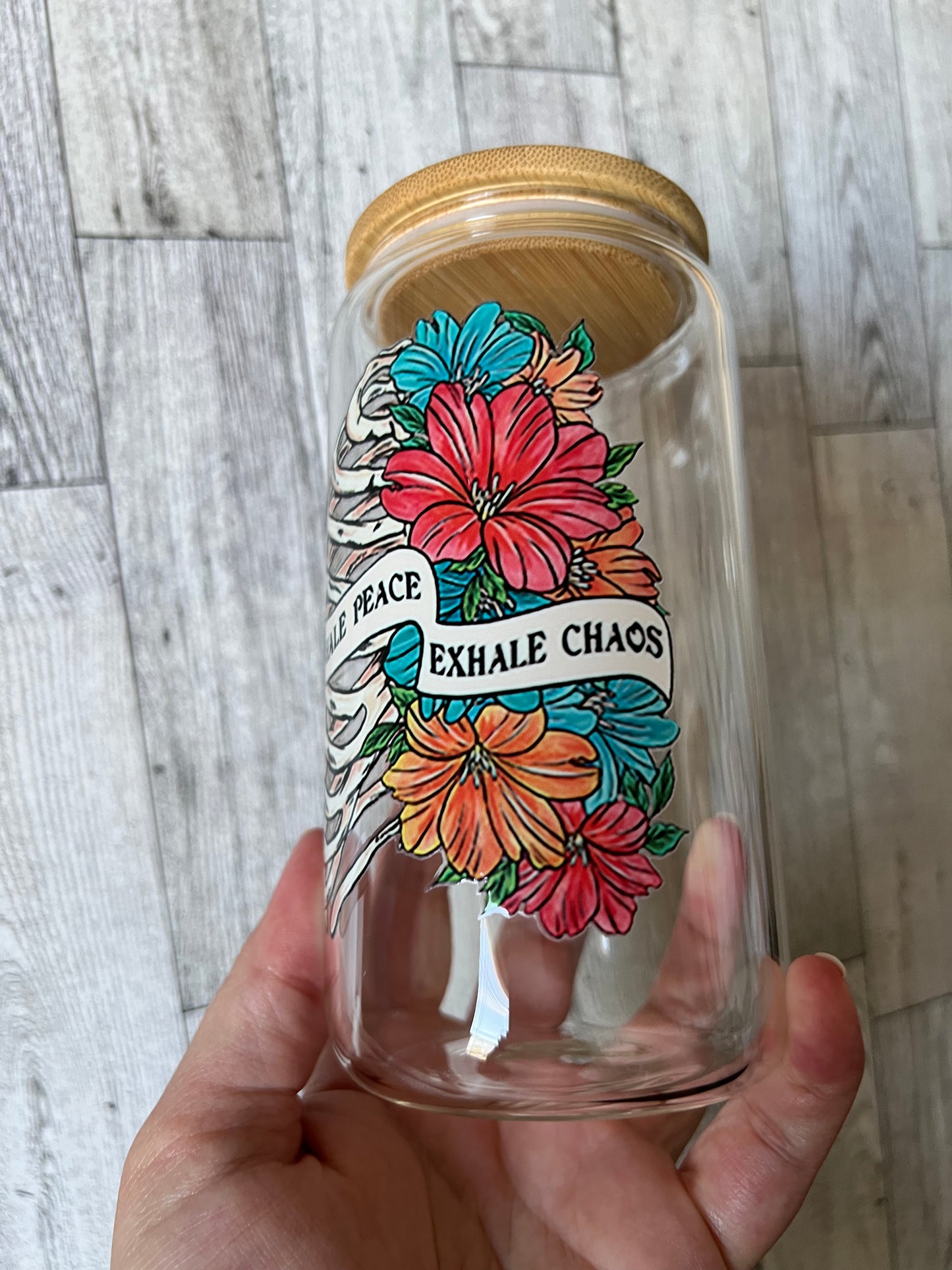 Inhale Peace Exhale Chaos 16 oz Beer Can Glass