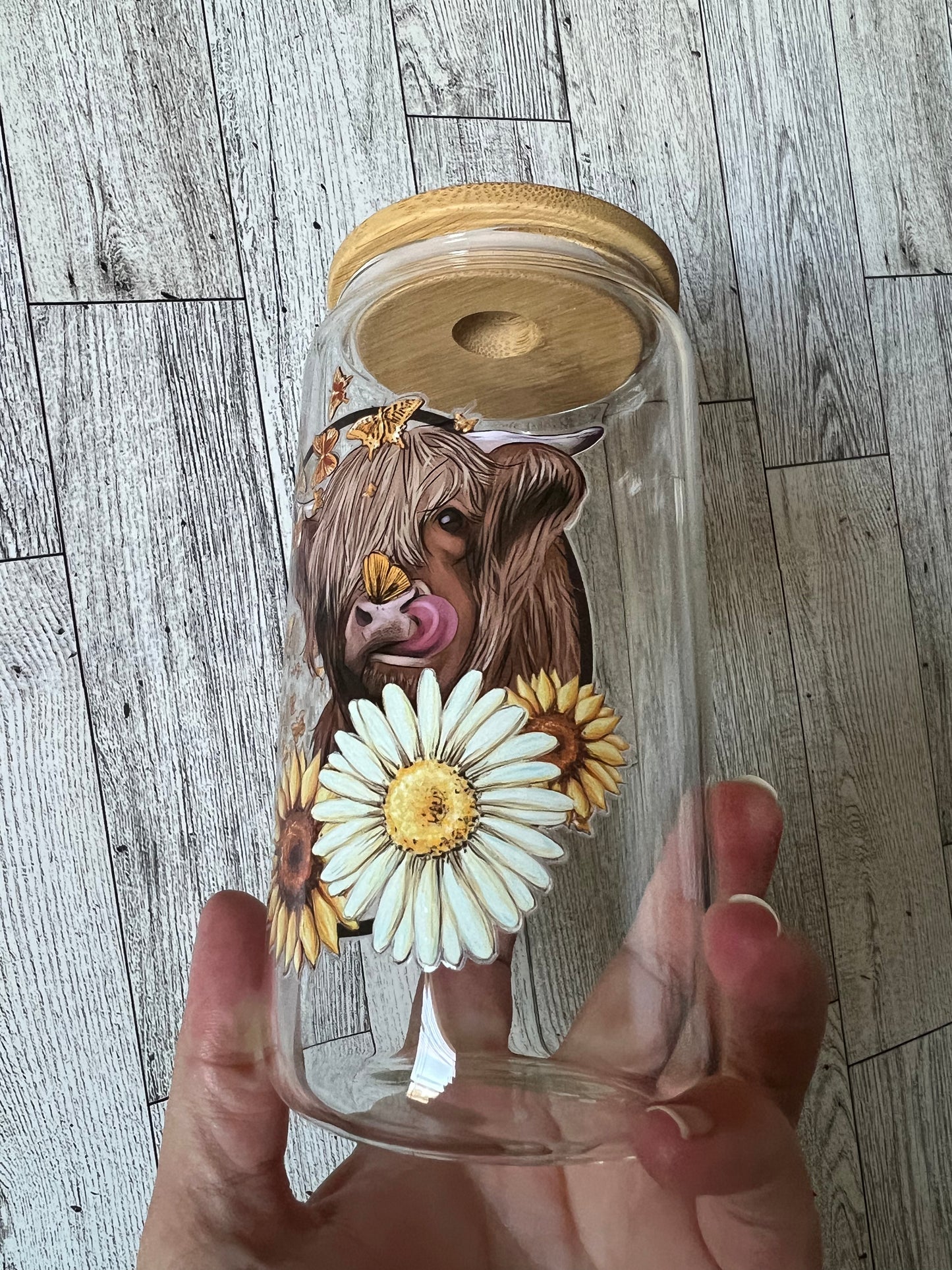 Highland Cow with Butterflies 16 oz Beer Can Glass