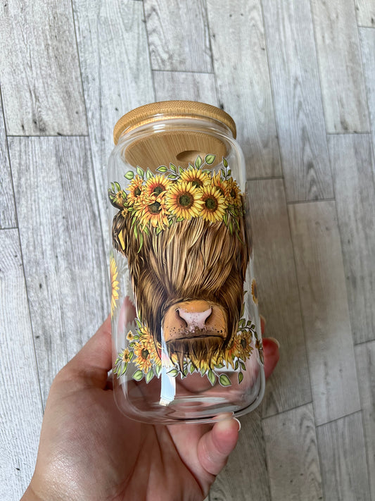 Highland Cow & Sunflowers Full Wrap 16 oz Beer Can Glass