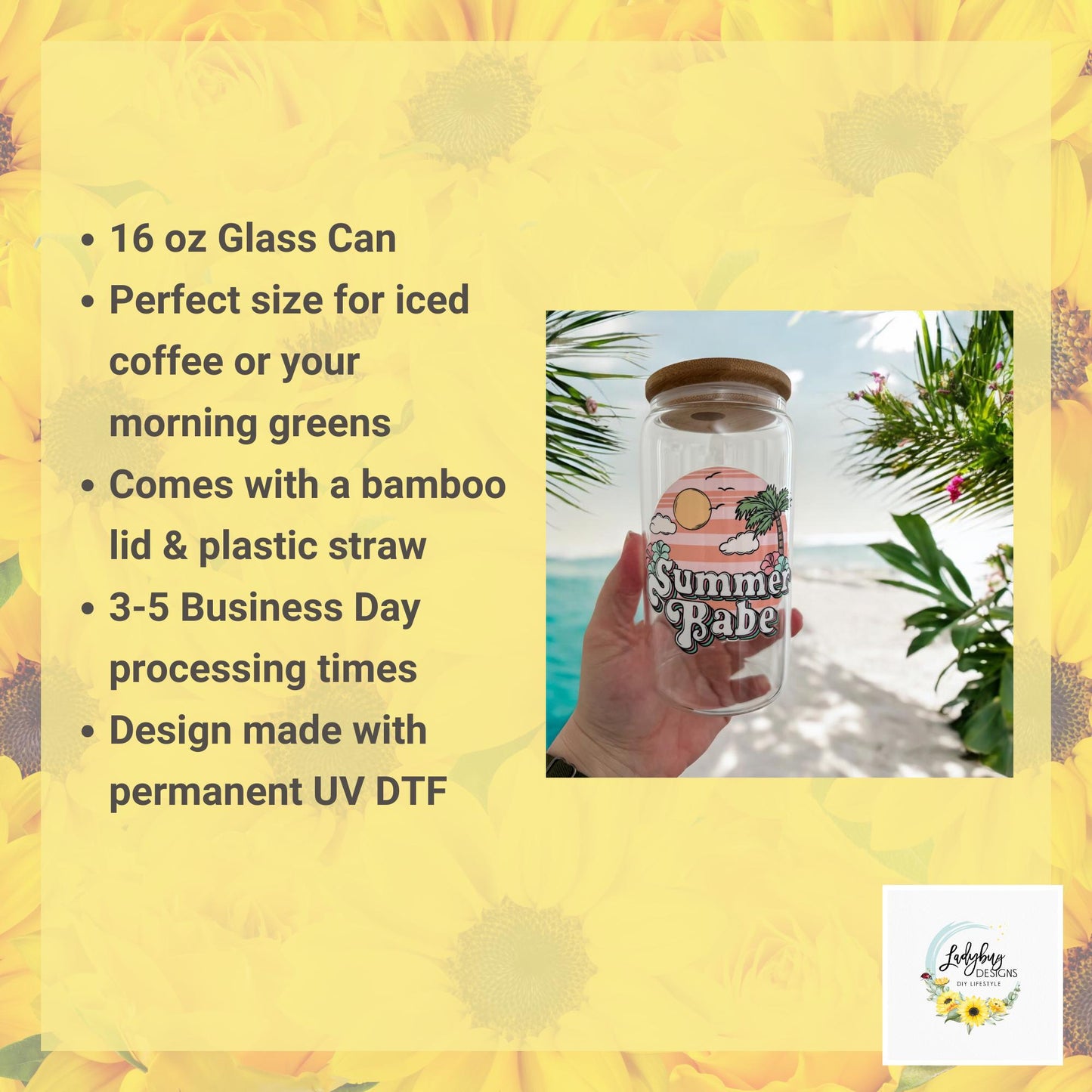 Summer Babe Sarcastic Cup with bamboo lid and plastic straw. Features a 16 oz beer can glass design with permanent UV DTF transfer. Perfect for iced coffee and summer vibes. Ideal as a funny and sarcastic gift, with hand wash care instructions.