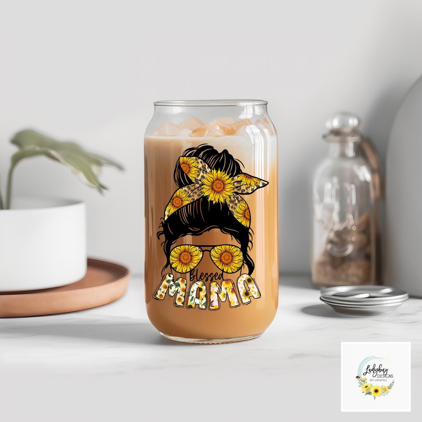 Sunflower Blessed Mama Beer Glass Can