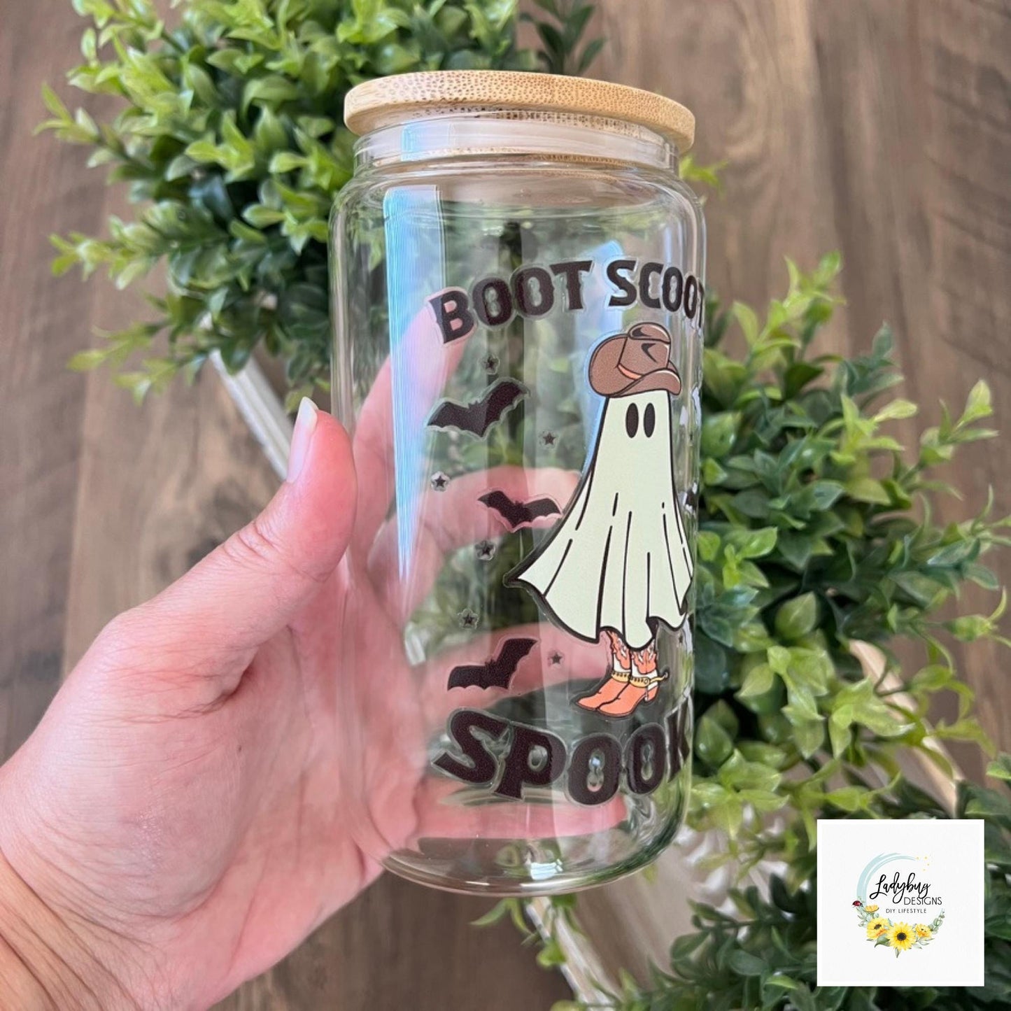 Boot Scootin Spooky Halloween Beer Can Glass with Bamboo Lid & Plastic Straw