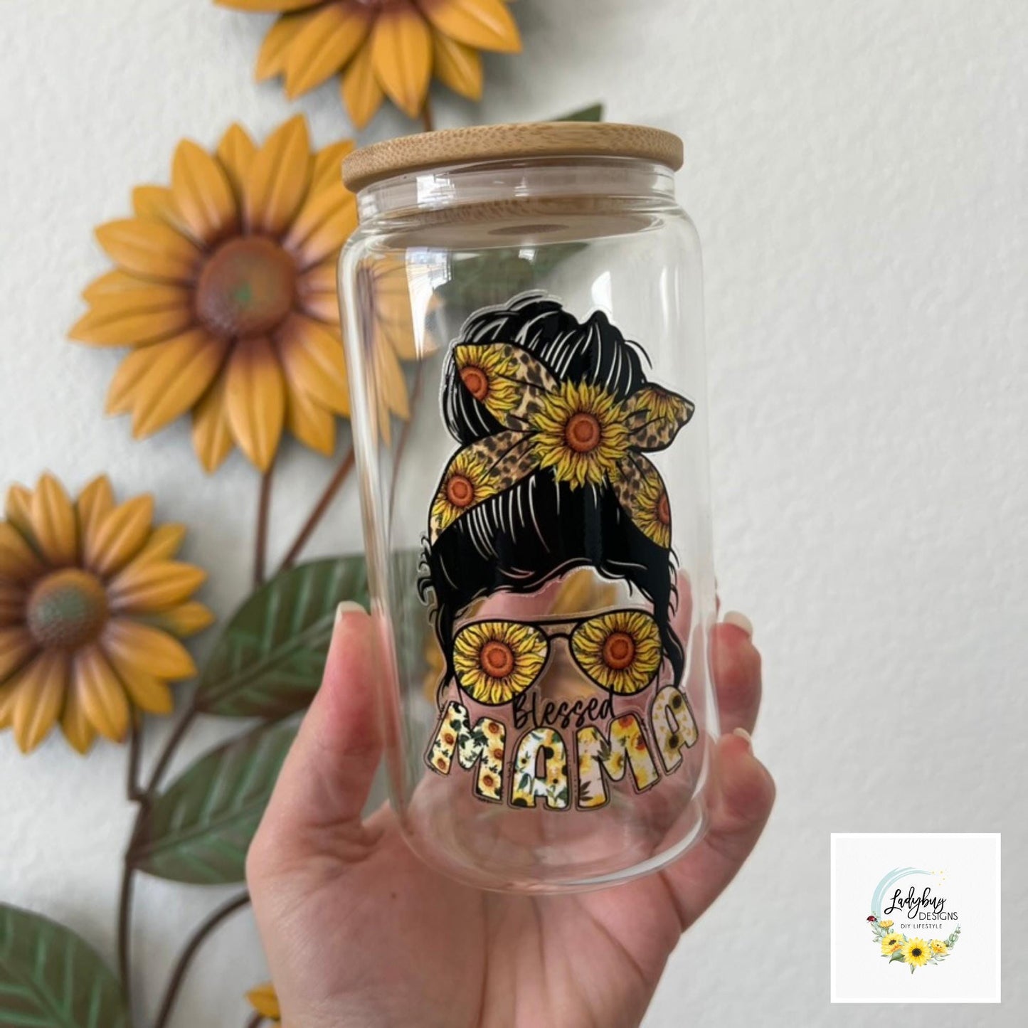 Sunflower Blessed Mama Beer Glass Can