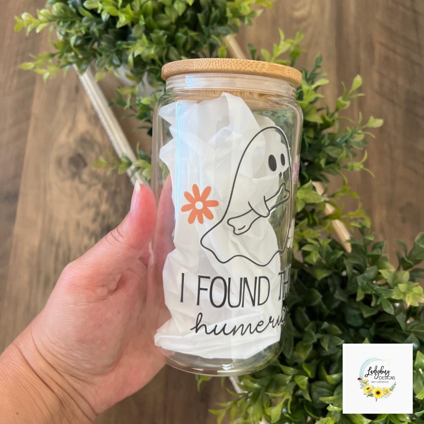 Found this Humerus Halloween Beer Can Glass with Bamboo Lid & Plastic Straw