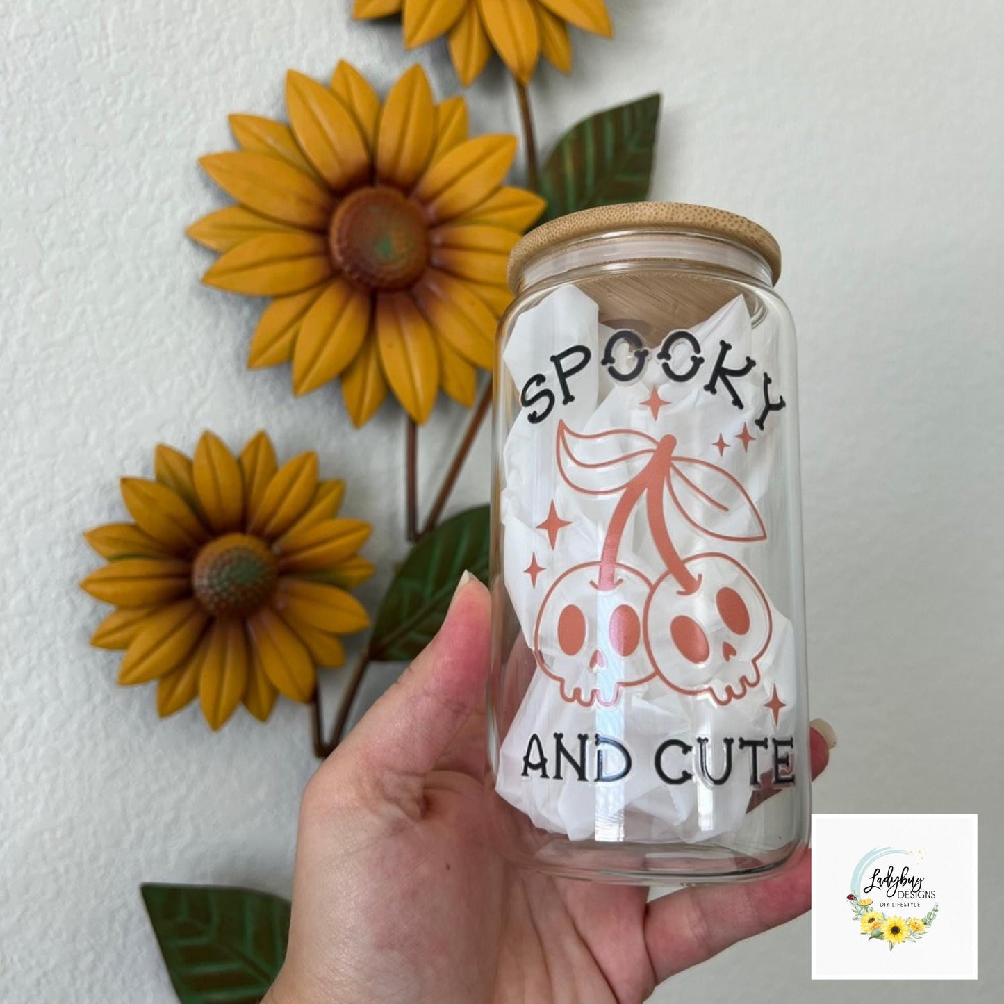 Spooky and Cute Beer Can Glass with Bamboo Lid and Plastic Straw