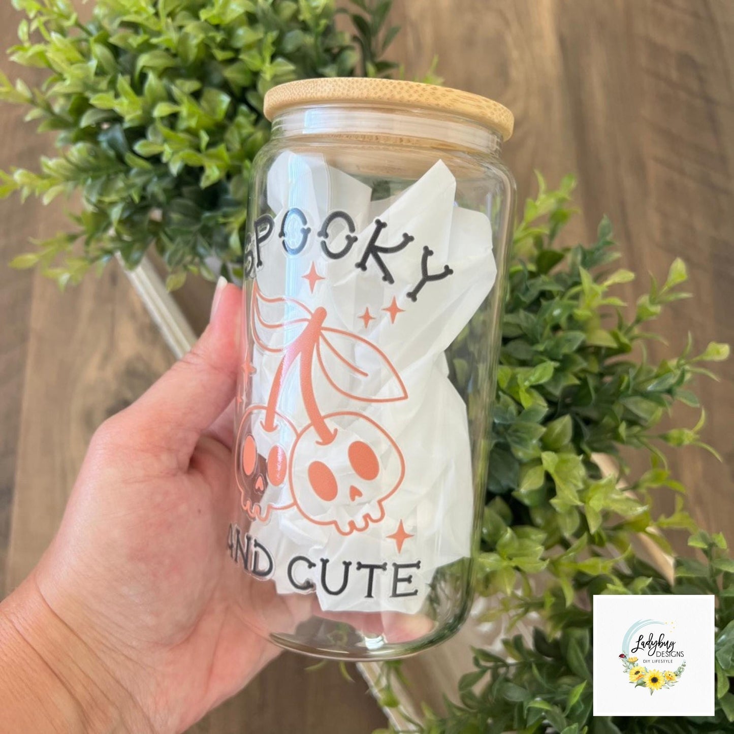 Spooky and Cute Beer Can Glass with Bamboo Lid and Plastic Straw