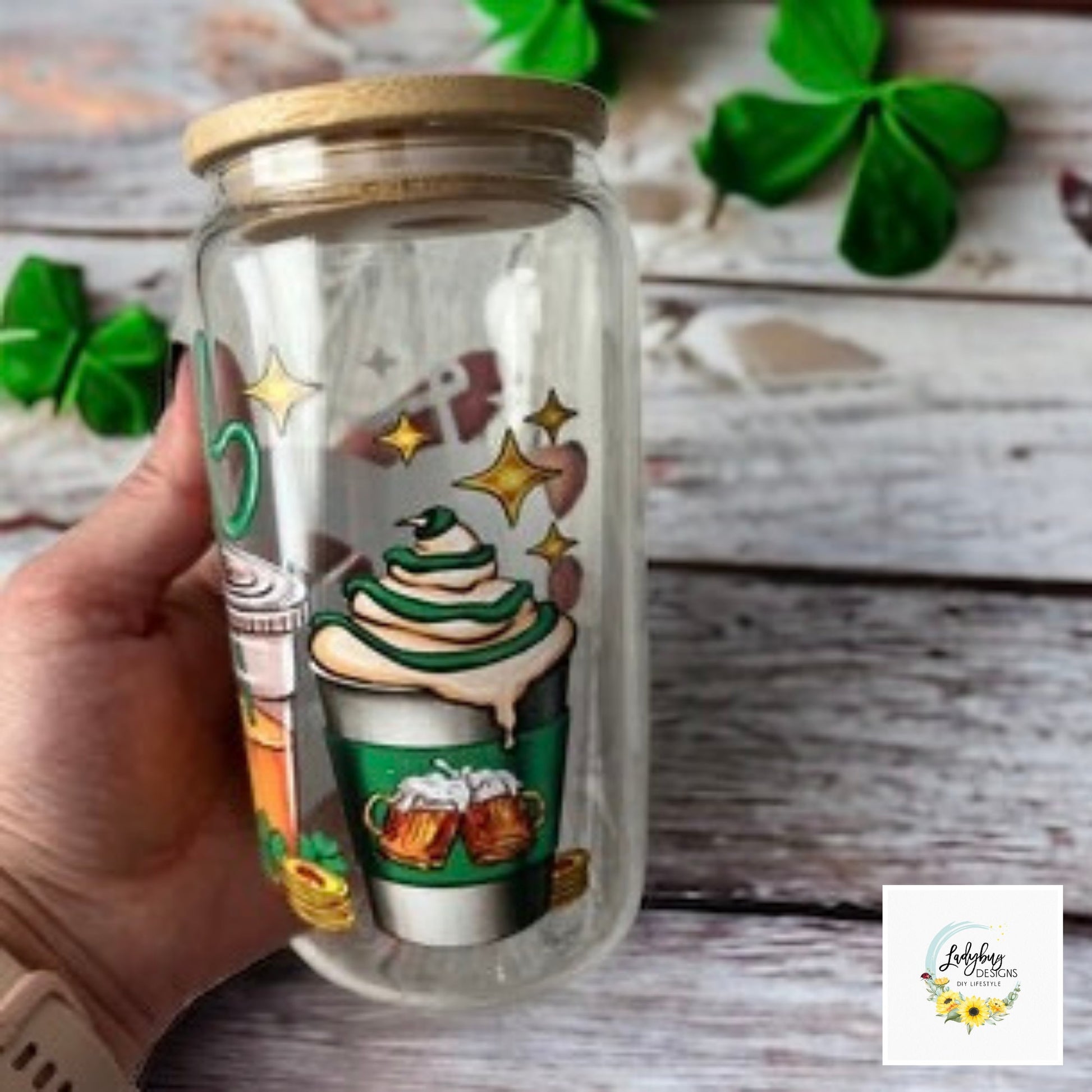 St Patricks Libbey, Shamrock Libbey, Lucky Charm Glass, Irish Beer Can Glass, Green Ice Coffee Cup, Lucky Iced Coffee, St Pattys Day Glass, St Patricks Day Gift, Clover Glass Can, Lucky Green Libbey, Four Leaf Clover Cup, Luck of the Irish, Shamrock St Pats Cup, Rainbow Can Glass