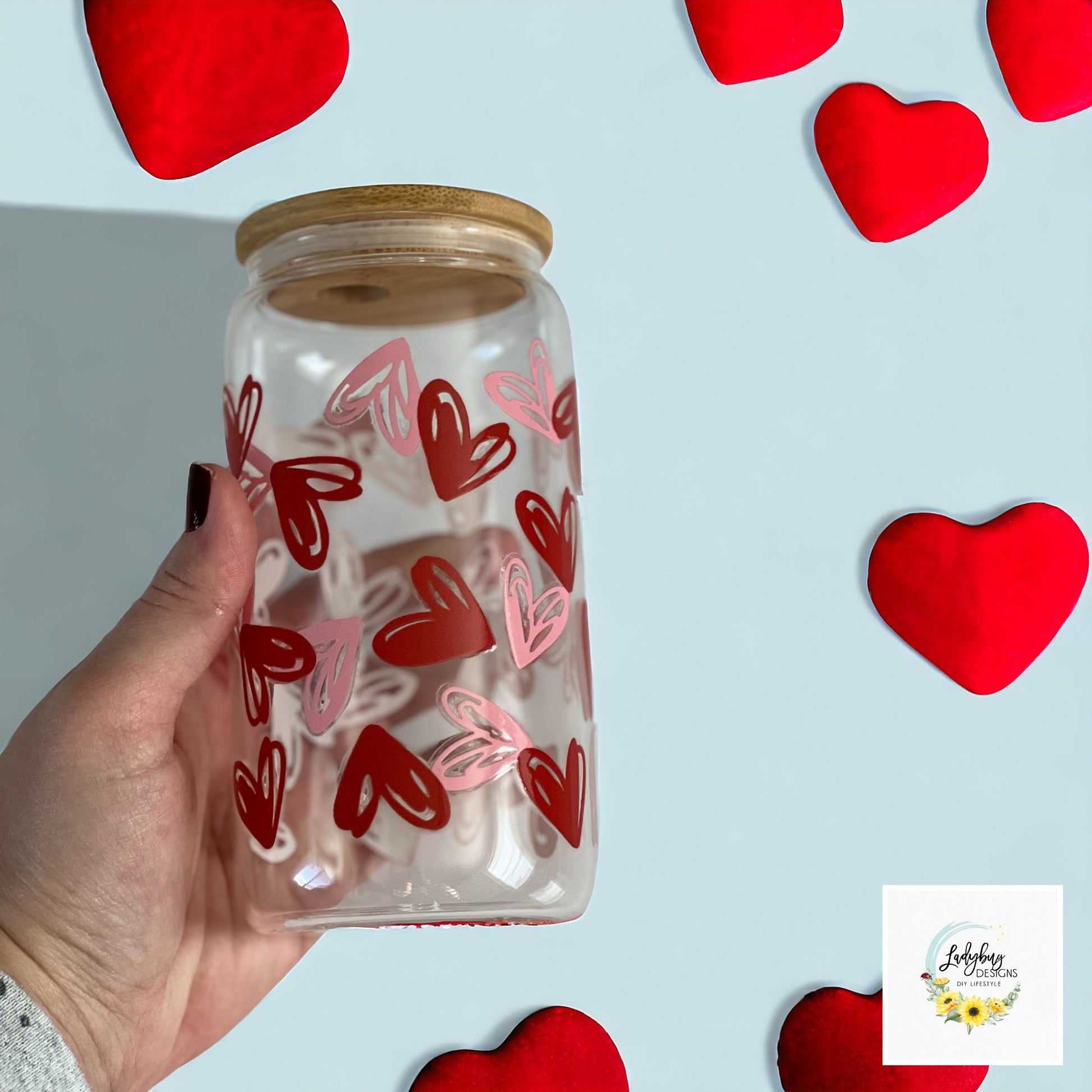 Hearts Valentine’s Day Glass Cup, Hearts Iced Coffee Can Glass, Valentine’s Day Swag, Valentine's Day Libbey Cup, Fiance Valentine's Day