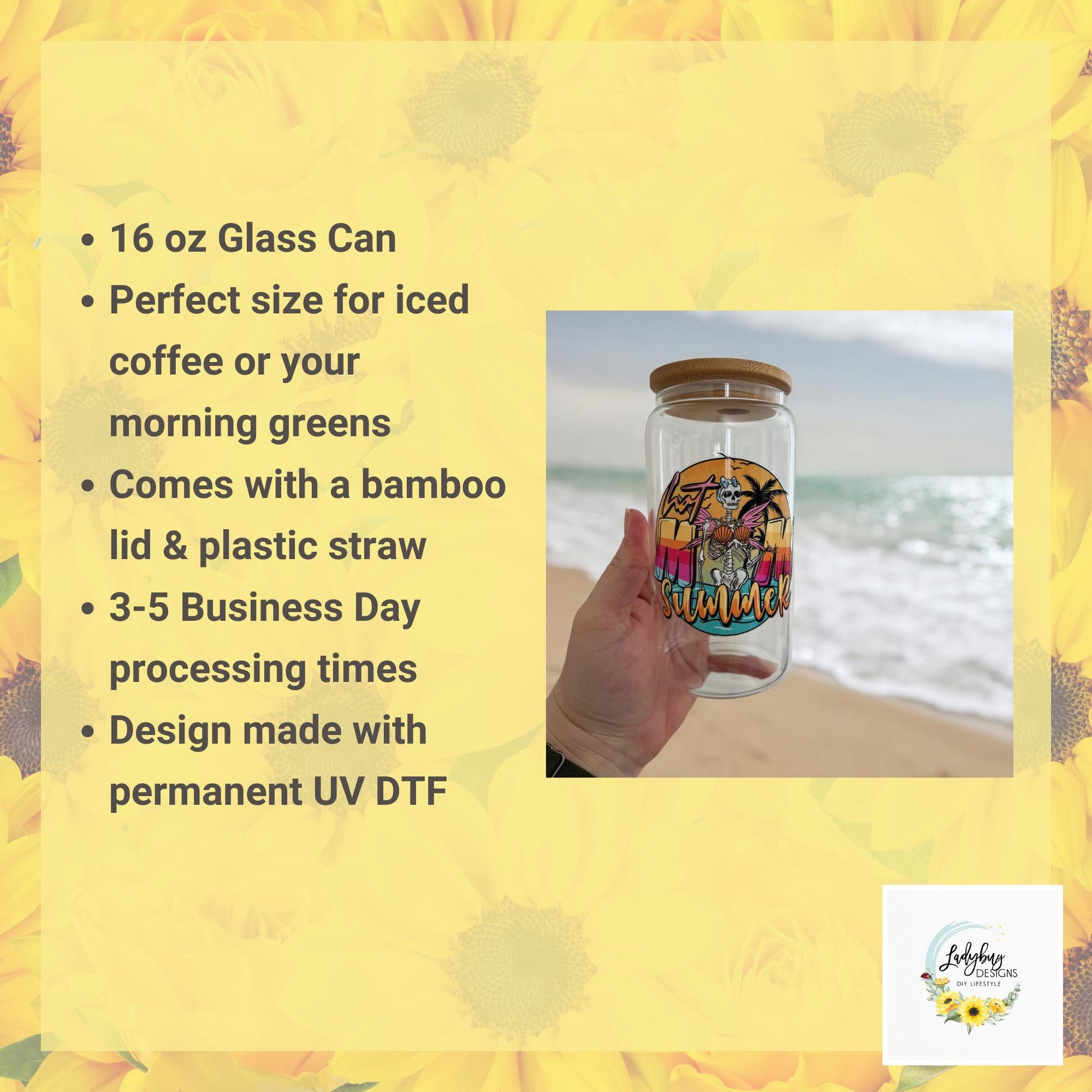 Hot Mom Summer Cup with bamboo lid and plastic straw. Features a 16 oz beer can glass design with permanent UV DTF transfer. Perfect for iced coffee and summer vibes. Ideal as a funny and sarcastic gift, with hand wash care instructions.