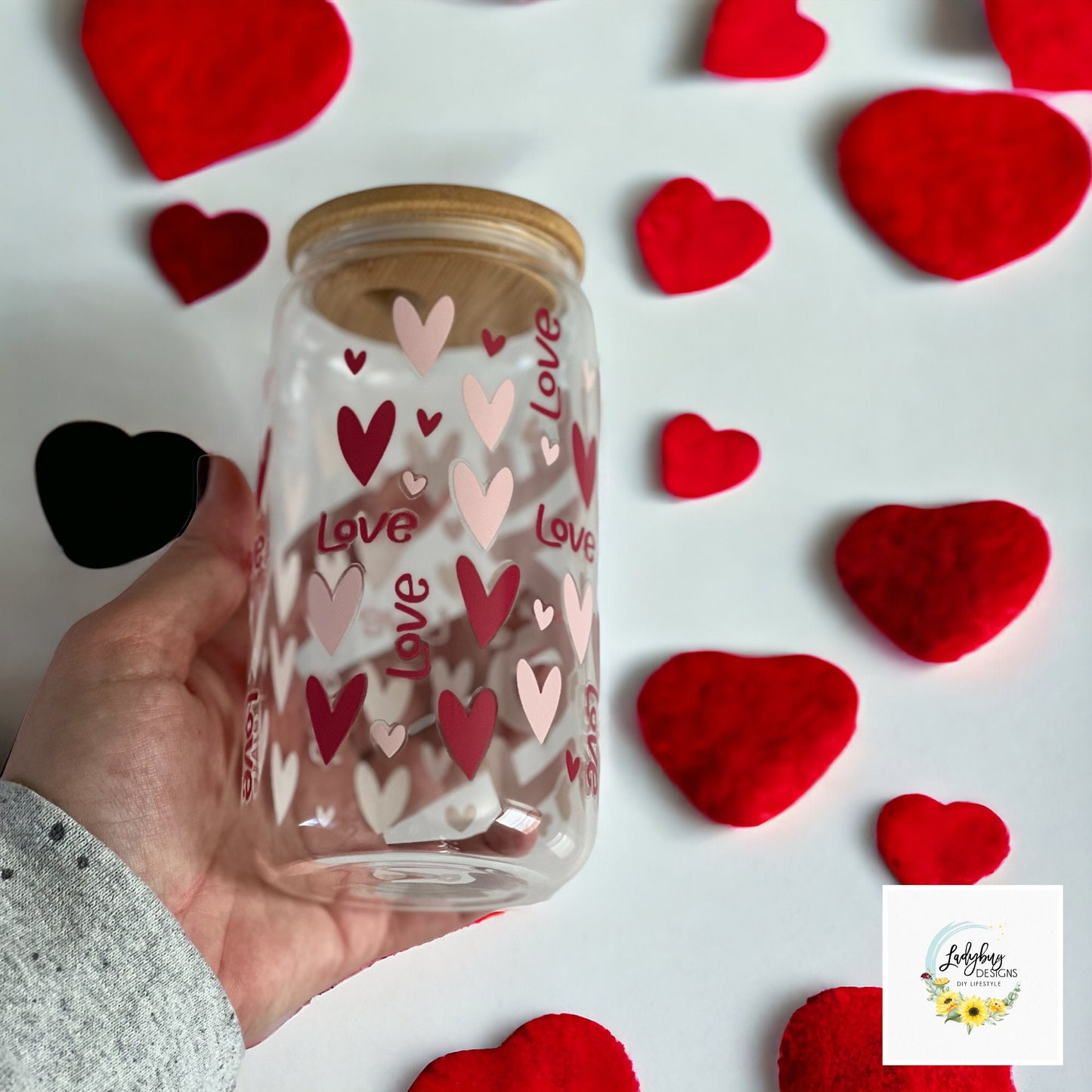 Love Valentine’s Day Glass Cup, Hearts Iced Coffee Glass, Valentine’s Day Swag, Hearts Drinking Glass, Valentine's Day Gift Bag Ideas