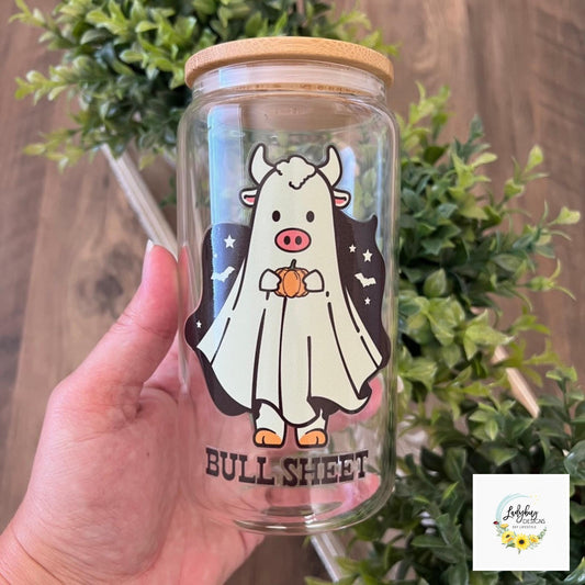 Bull Sheet Halloween Beer Can Glass with Bamboo Lid & Plastic Straw