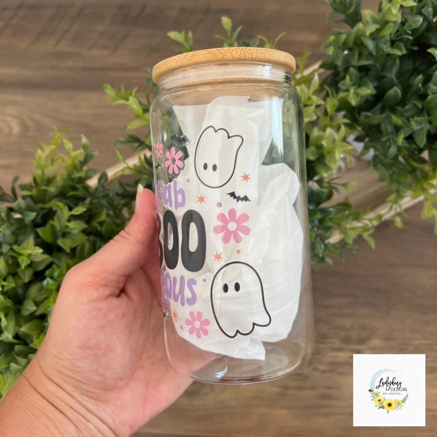 Boho Ghost Beer Can Glass with Bamboo Lid & Plastic Straw