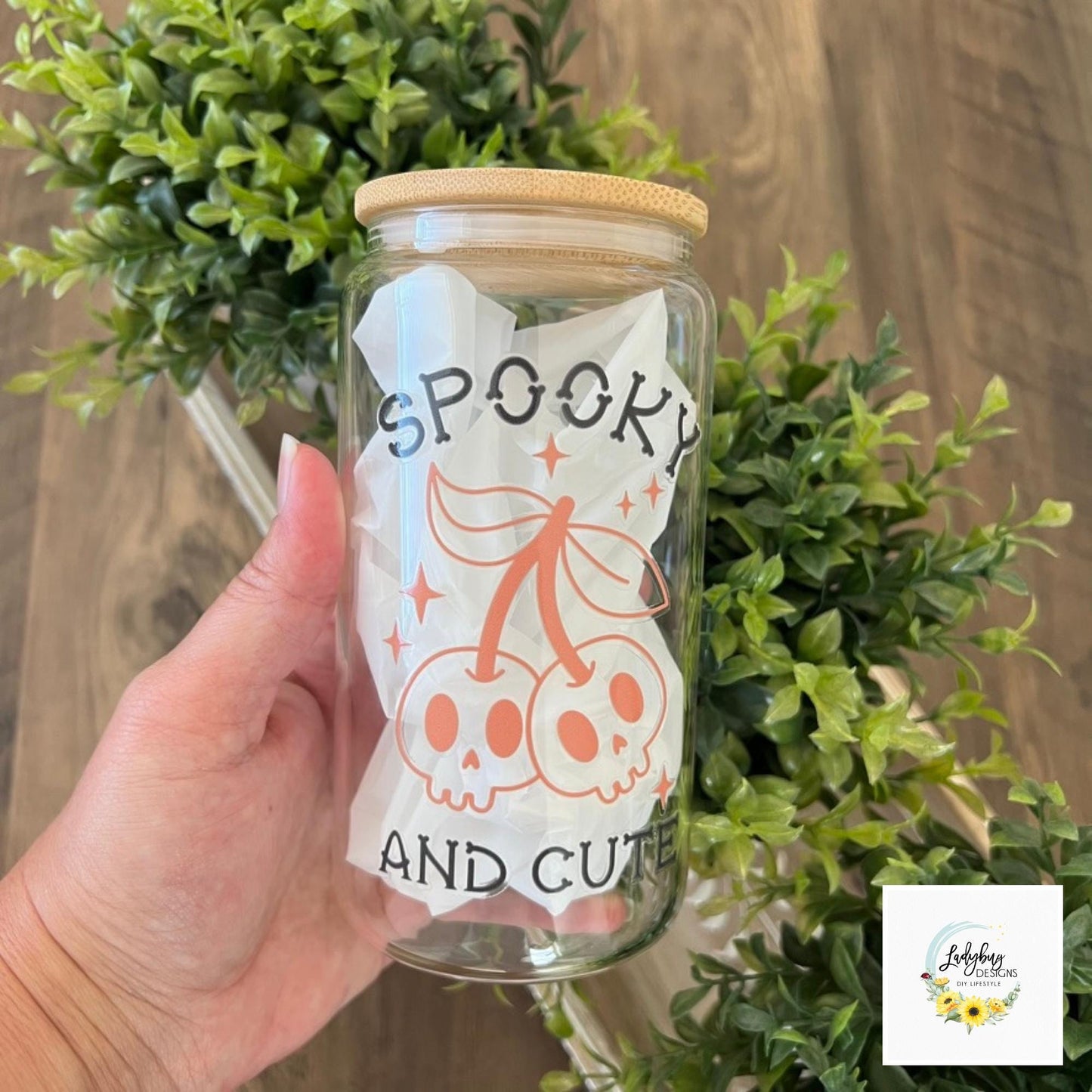 Spooky and Cute Beer Can Glass with Bamboo Lid and Plastic Straw