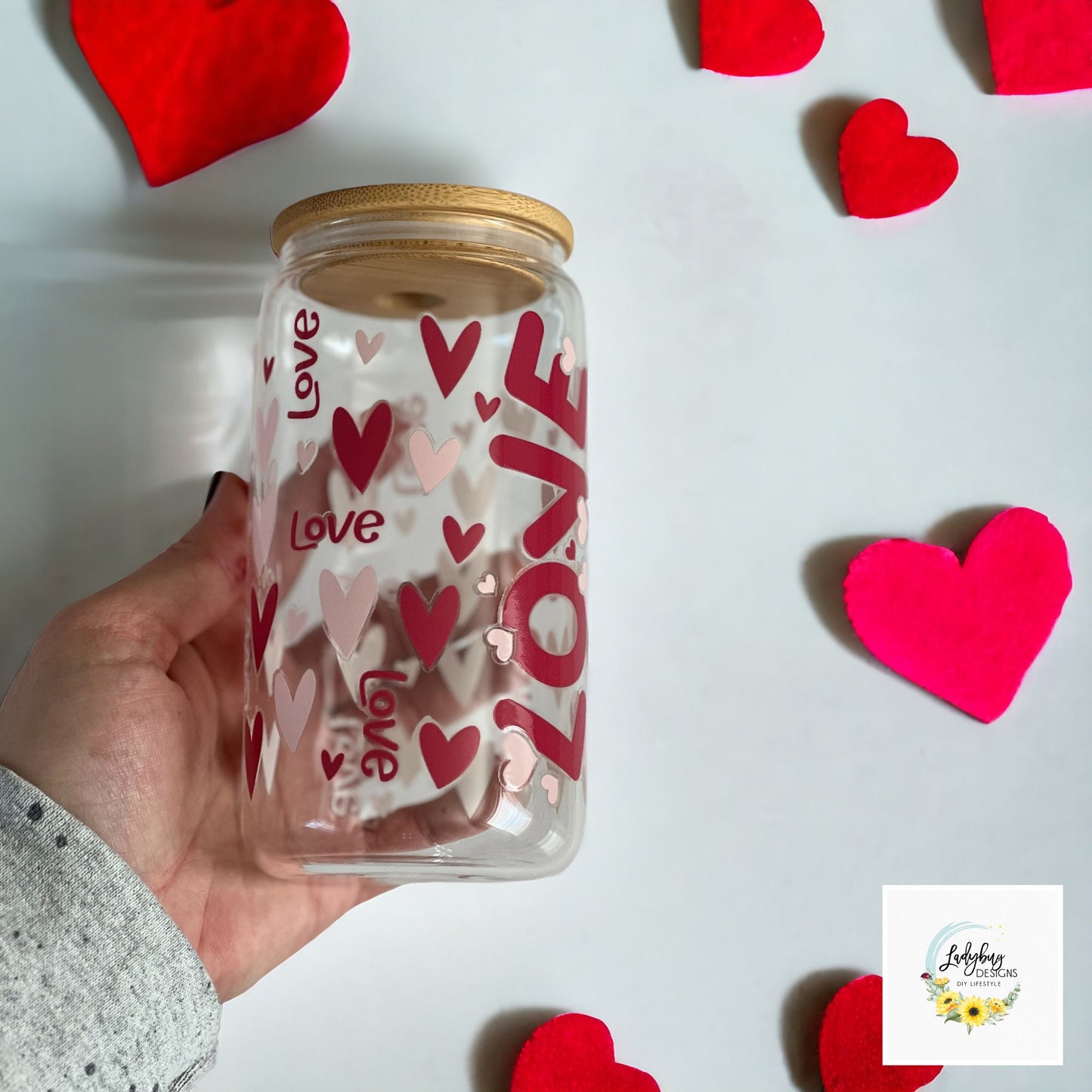 Love Valentine’s Day Glass Cup, Hearts Iced Coffee Glass, Valentine’s Day Swag, Hearts Drinking Glass, Valentine's Day Gift Bag Ideas