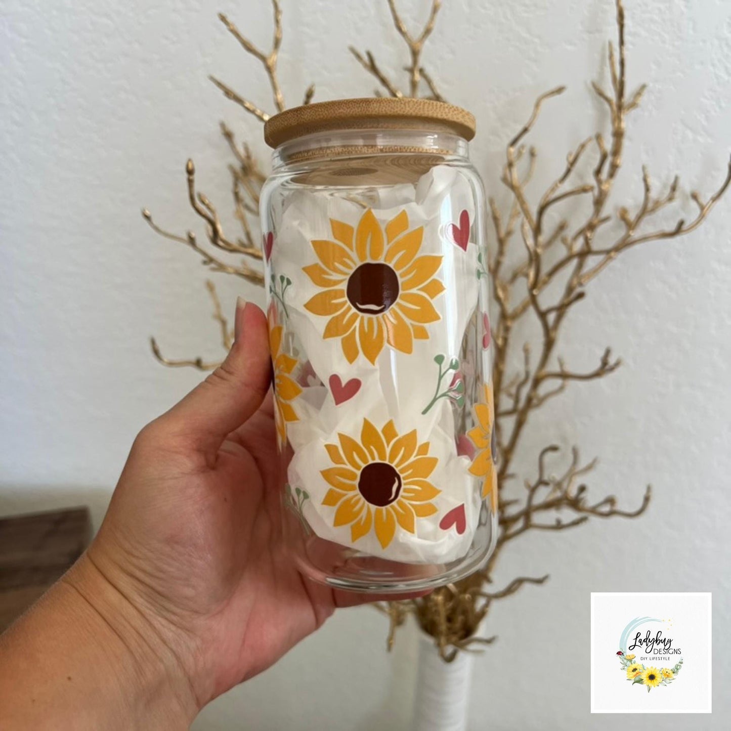 Sunflowers & Hearts 16oz Beer Can Glass