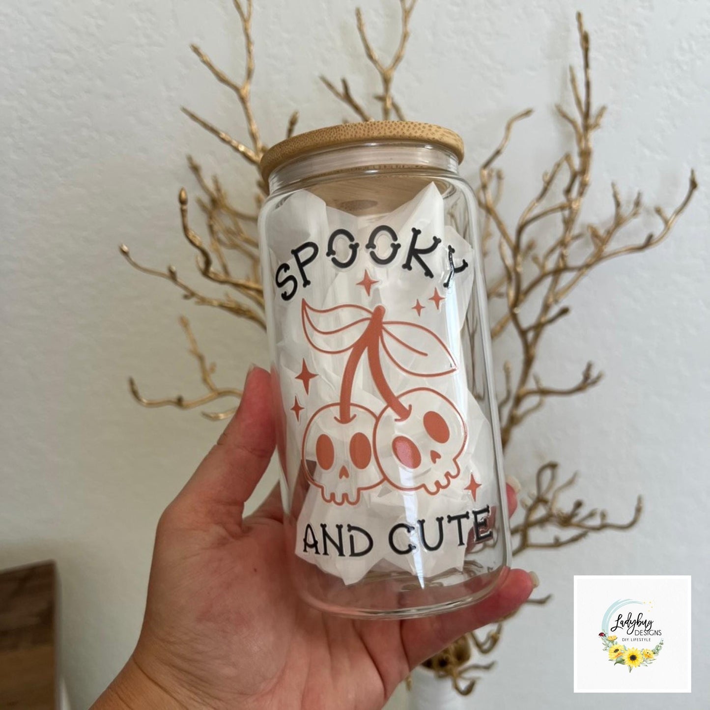 Spooky and Cute Beer Can Glass with Bamboo Lid and Plastic Straw