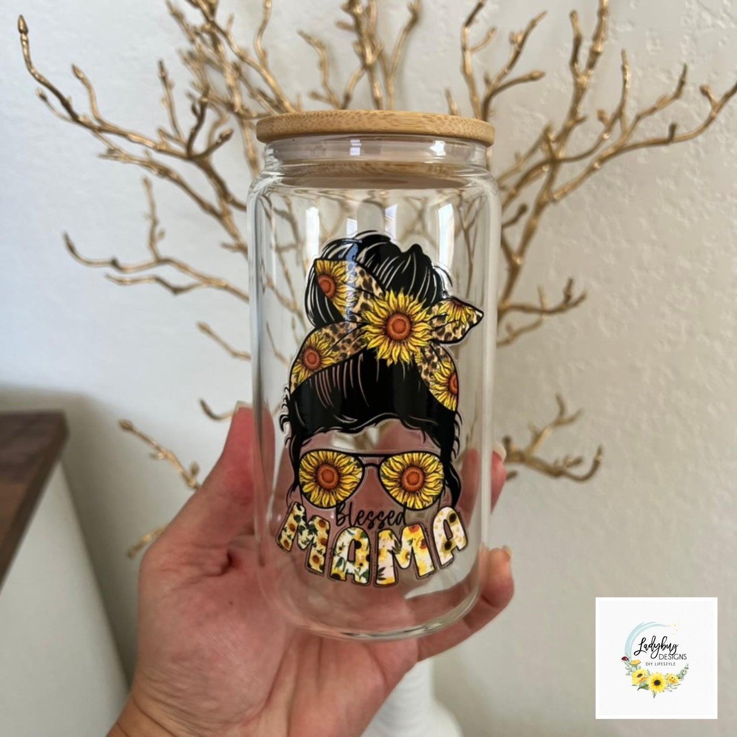 Sunflower Blessed Mama Beer Glass Can