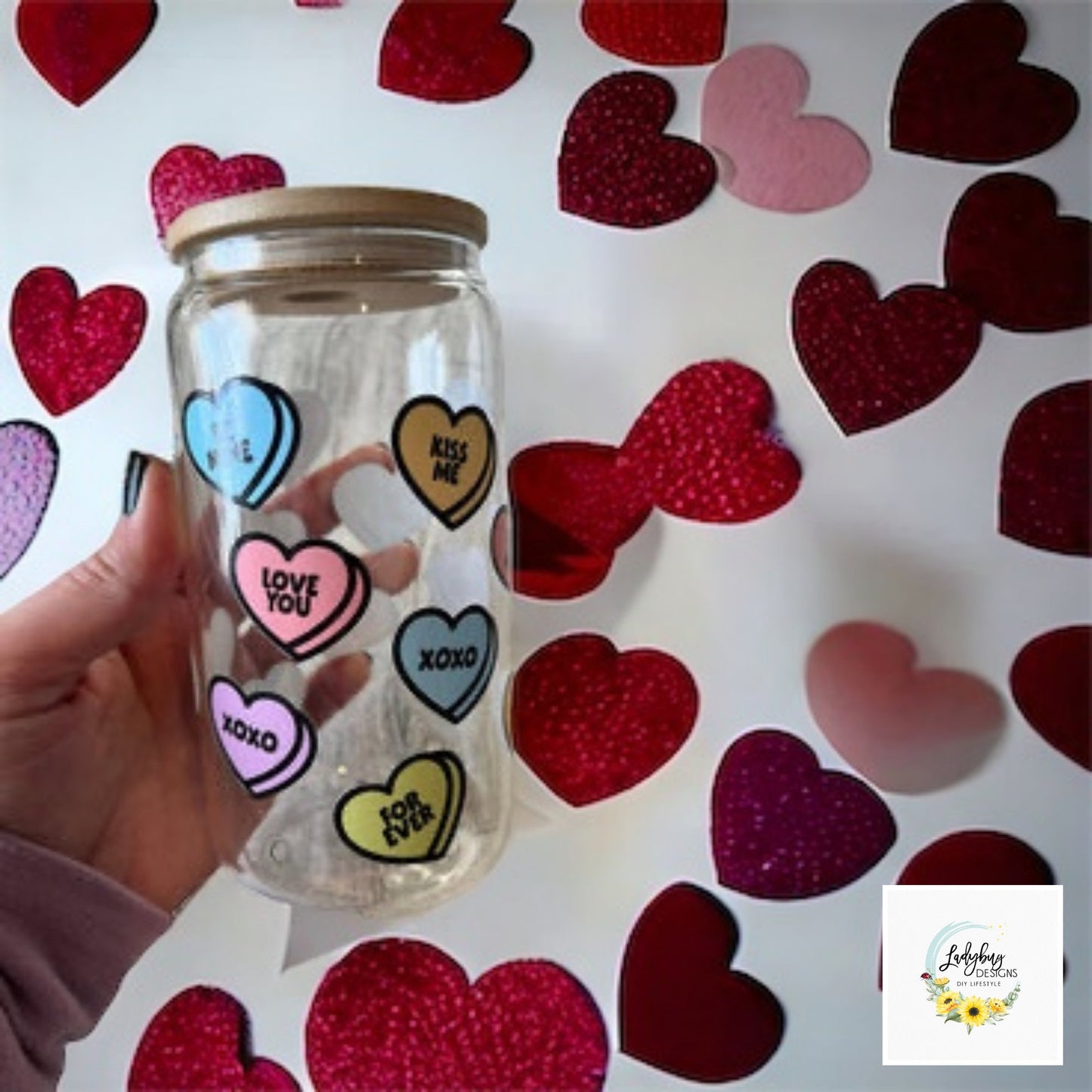 Candy Hearts Valentine’s Day Cup, Conversation Hearts Beer Can Glass, Valentine's Day Swag, Gift Bag Ideas for Her, Love Valentine's Day