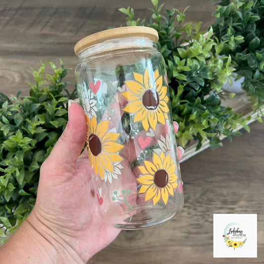 Sunflowers & Hearts 16oz Beer Can Glass