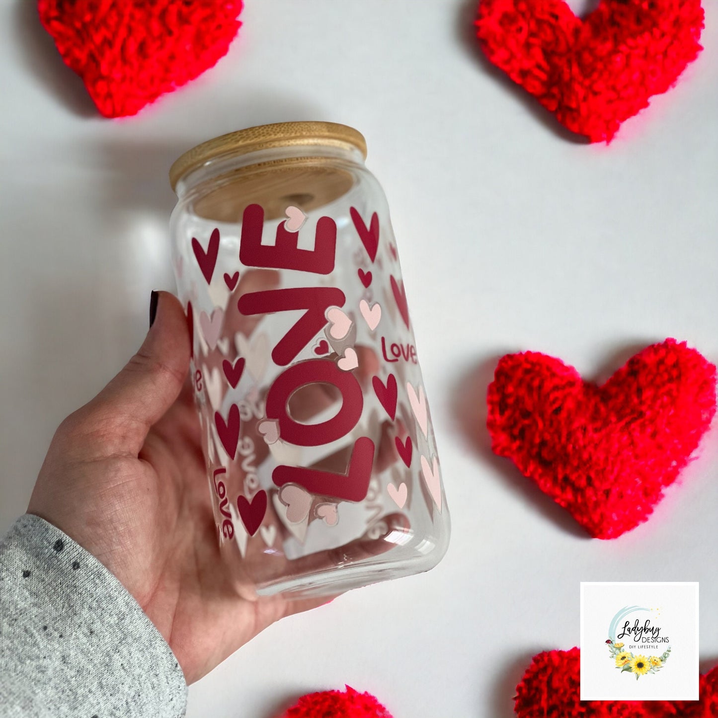 Love Valentine’s Day Glass Cup, Hearts Iced Coffee Glass, Valentine’s Day Swag, Hearts Drinking Glass, Valentine's Day Gift Bag Ideas