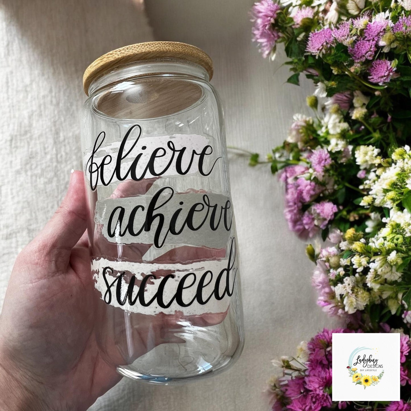 Believe Achieve Succeed 16 oz Beer Can Glass with Bamboo Lid & Straw