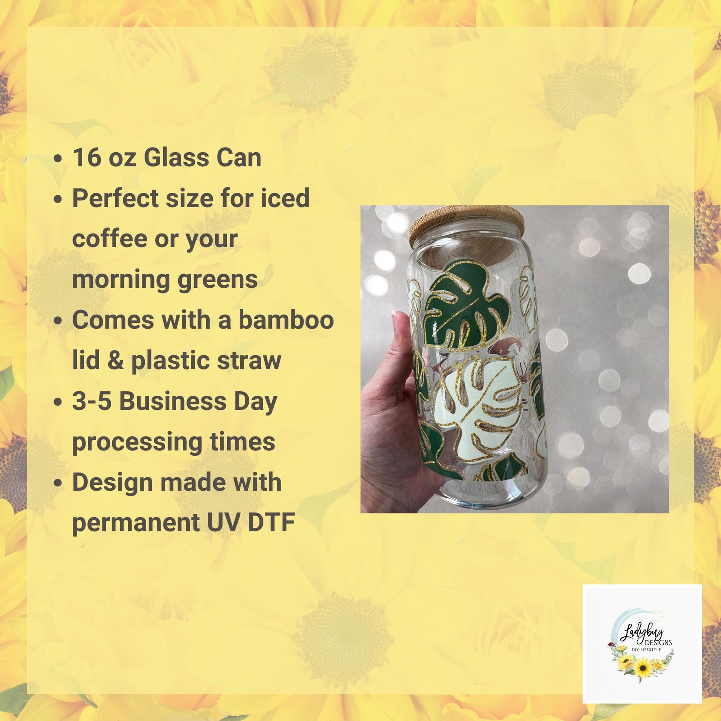 Monstera Leaf Cup with bamboo lid and plastic straw. Features a 16 oz beer can glass design with permanent UV DTF transfer. Perfect for iced coffee and plant lovers. Ideal as a plant mom gift, with hand wash care instructions.