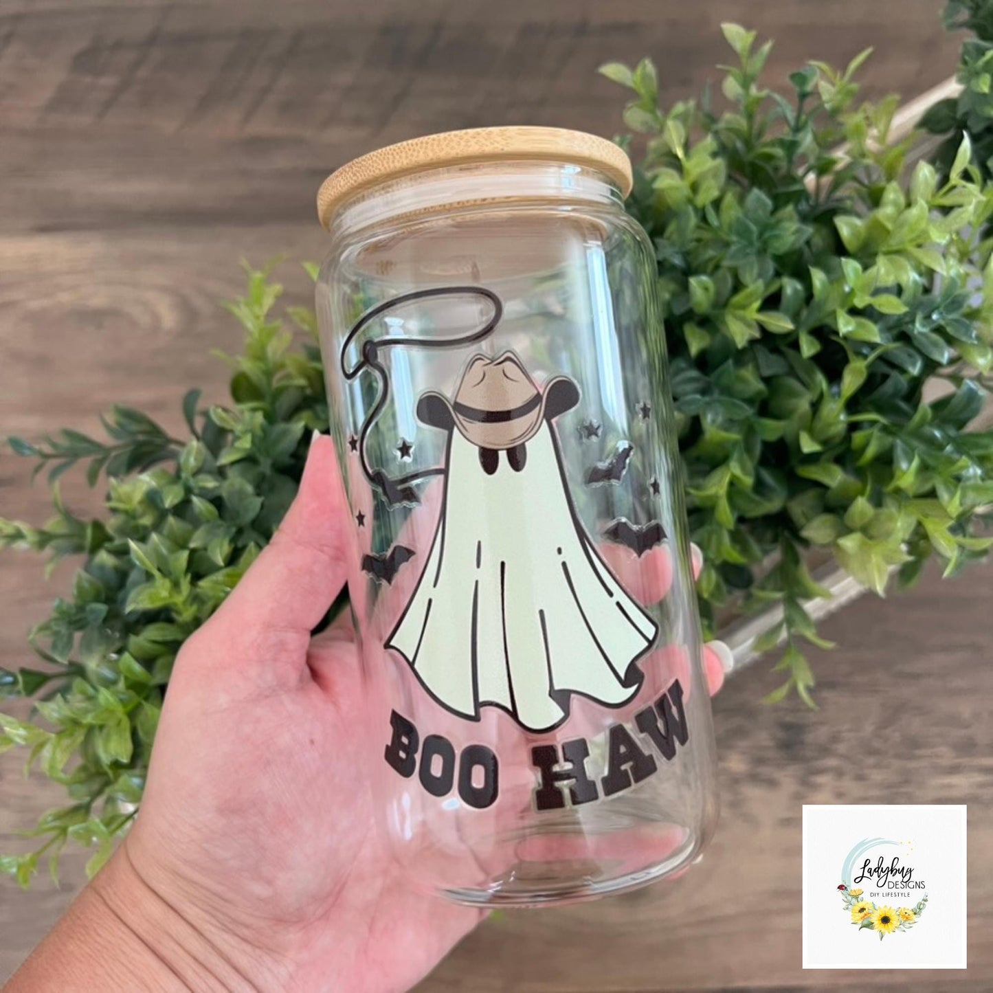 Boo Haw Halloween Beer Can Glass with Bamboo Lid & Plastic Straw