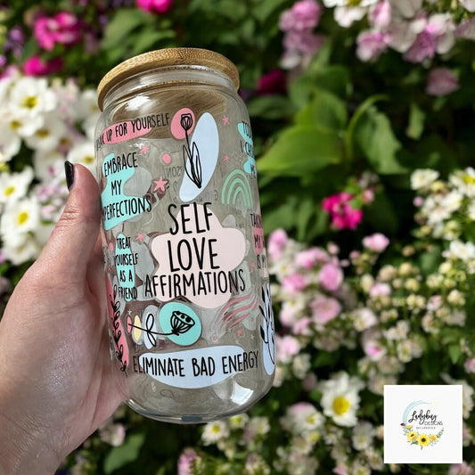 Self Love Affirmations 16 oz Beer Can Glass with Bamboo Lid & Straw