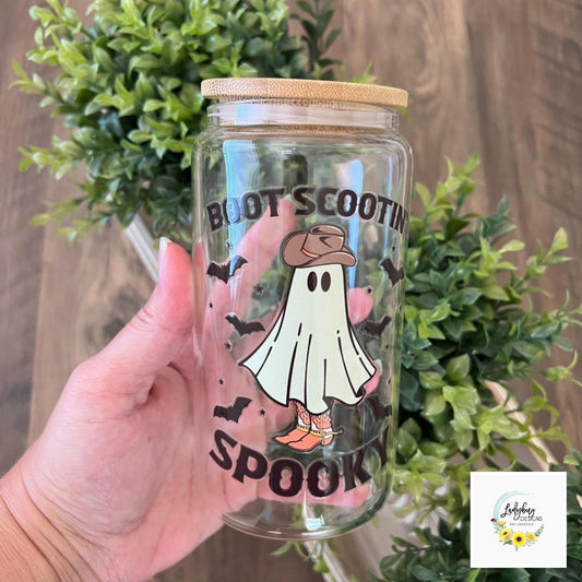 Boot Scootin Spooky Halloween Beer Can Glass with Bamboo Lid & Plastic Straw