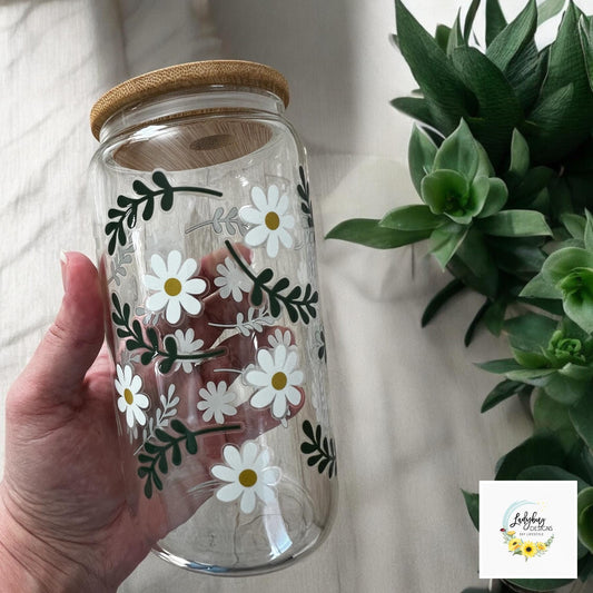 Simple Daisy & Leaves 16 oz Beer Can Glass with Bamboo Lid and Straw