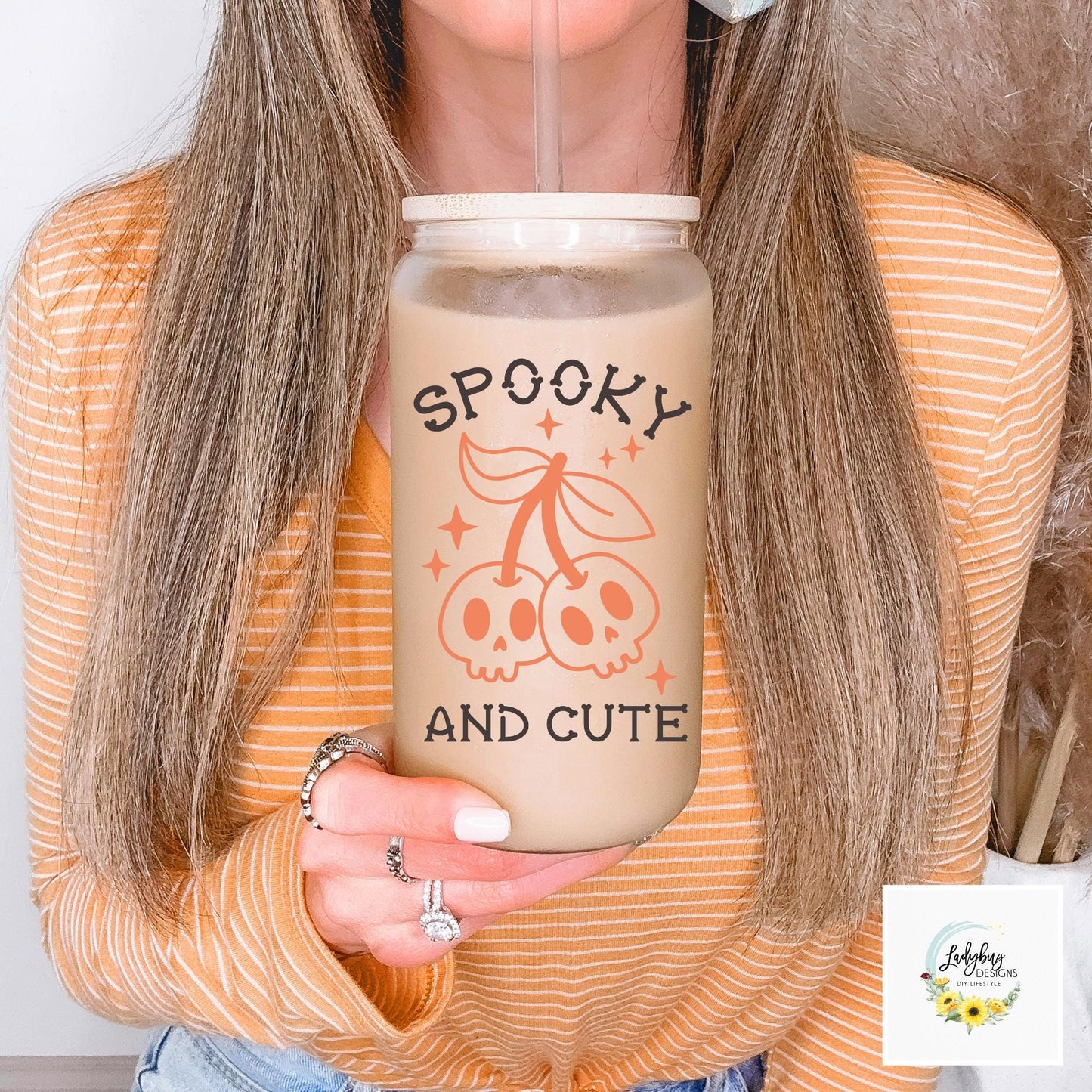 Spooky and Cute Beer Can Glass with Bamboo Lid and Plastic Straw