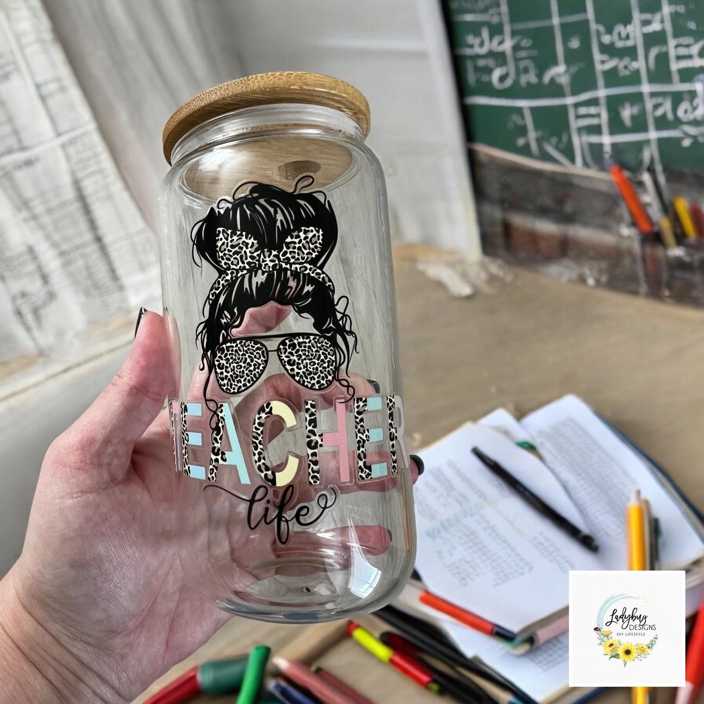 Messy Bun Teacher Life 16 oz Beer Can Glass with Bamboo Lid & Straw