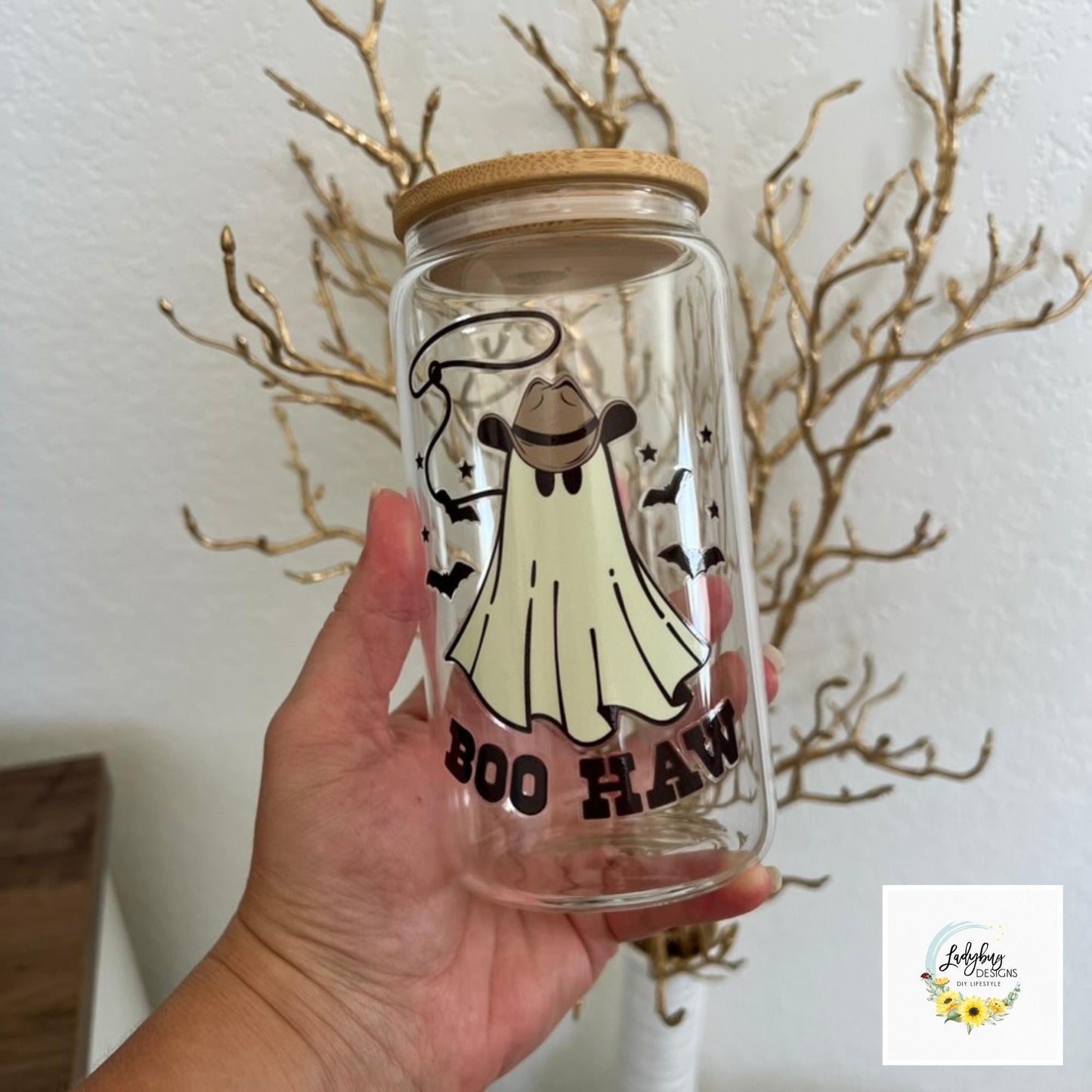 Boo Haw Halloween Beer Can Glass with Bamboo Lid & Plastic Straw