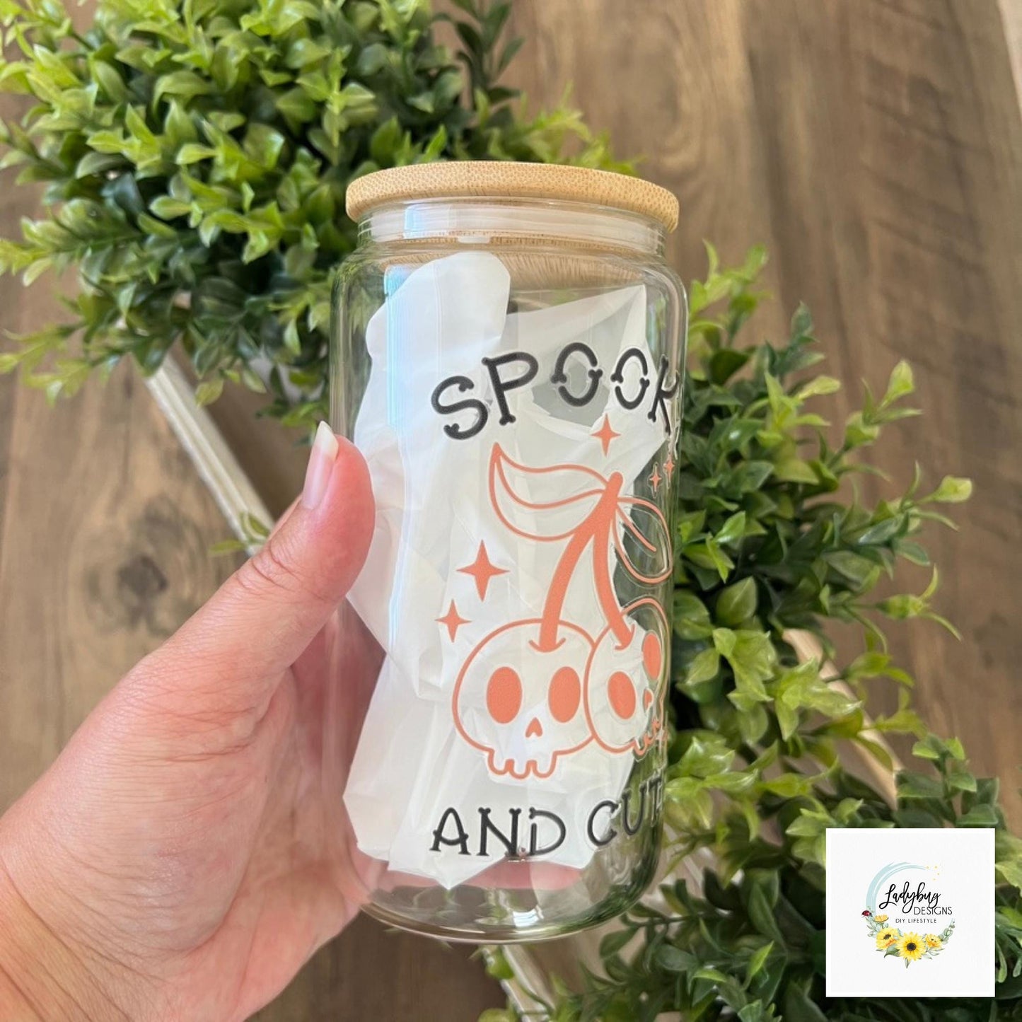 Spooky and Cute Beer Can Glass with Bamboo Lid and Plastic Straw