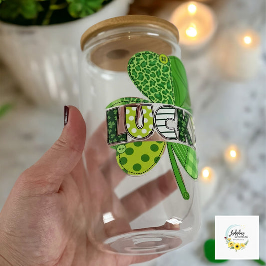 St Patricks Day Cup, Shamrock Libbey, Lucky Beer Can Glass, Irish Beer Can Glass, Green Ice Coffee Cup, Lucky Iced Coffee, St Pattys Day Libbey, St Patricks Day Gift, Clover Glass Can, Lucky Green Libbey, Four Leaf Clover Cup, Luck of the Irish, Shamrock St Pats Cup