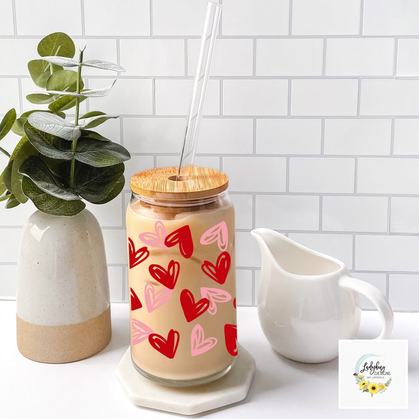 Hearts Valentine’s Day Glass Cup, Hearts Iced Coffee Can Glass, Valentine’s Day Swag, Valentine's Day Libbey Cup, Fiance Valentine's Day