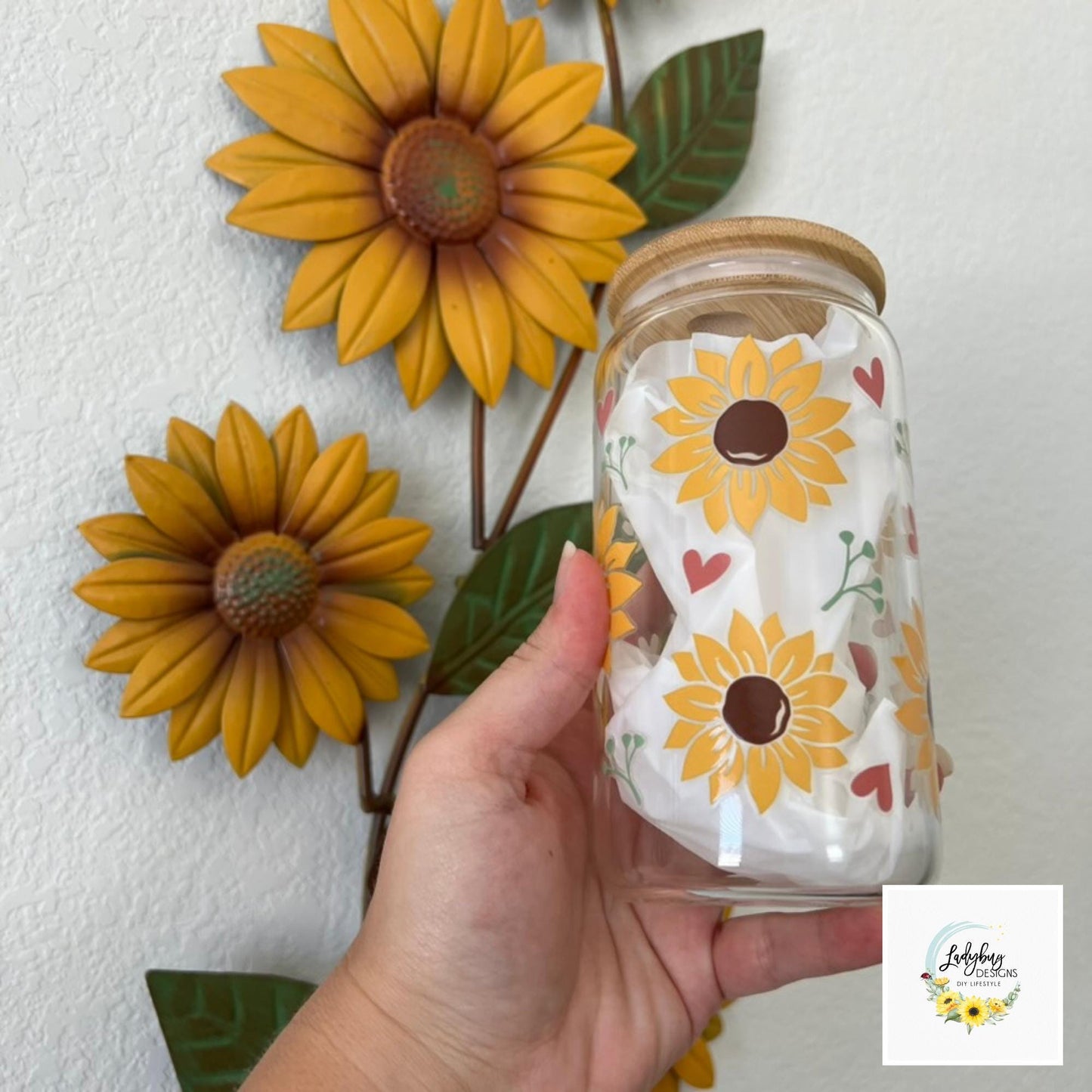 Sunflowers & Hearts 16oz Beer Can Glass