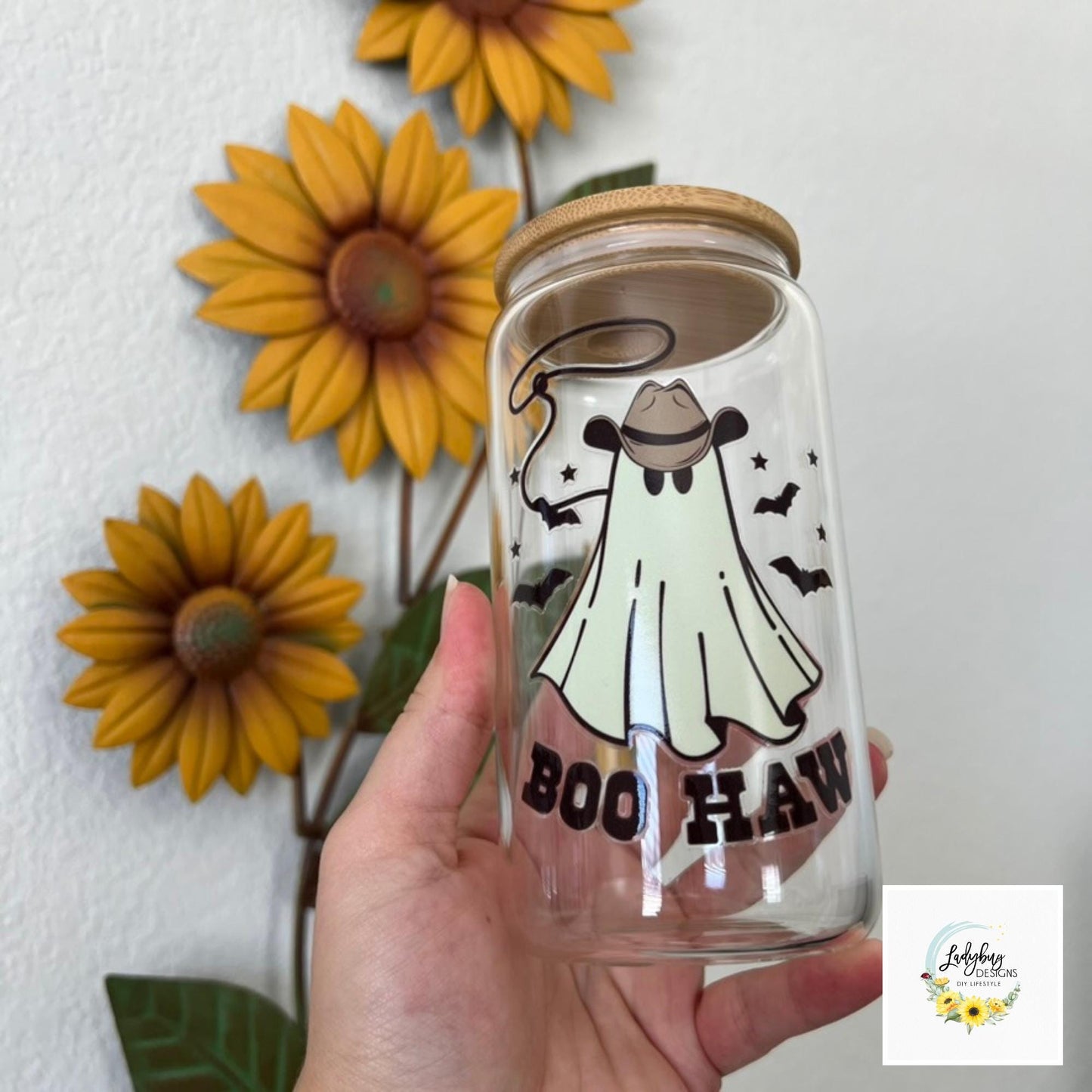 Boo Haw Halloween Beer Can Glass with Bamboo Lid & Plastic Straw