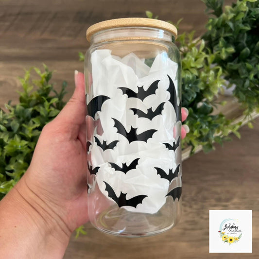 Bats Halloween Beer Can Glass with Bamboo Lid & Plastic Straw