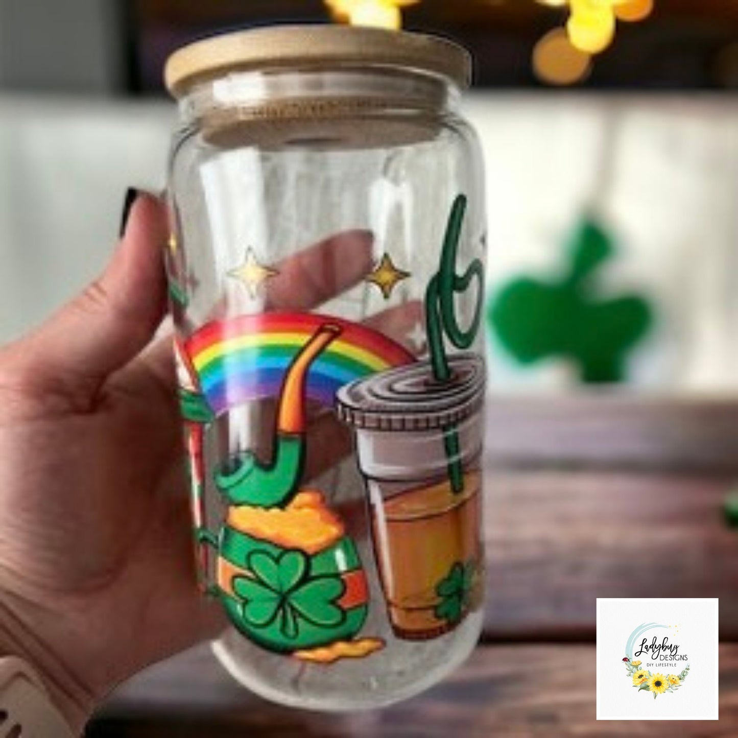 St Patricks Libbey, Shamrock Libbey, Lucky Charm Glass, Irish Beer Can Glass, Green Ice Coffee Cup, Lucky Iced Coffee, St Pattys Day Glass, St Patricks Day Gift, Clover Glass Can, Lucky Green Libbey, Four Leaf Clover Cup, Luck of the Irish, Shamrock St Pats Cup, Rainbow Can Glass