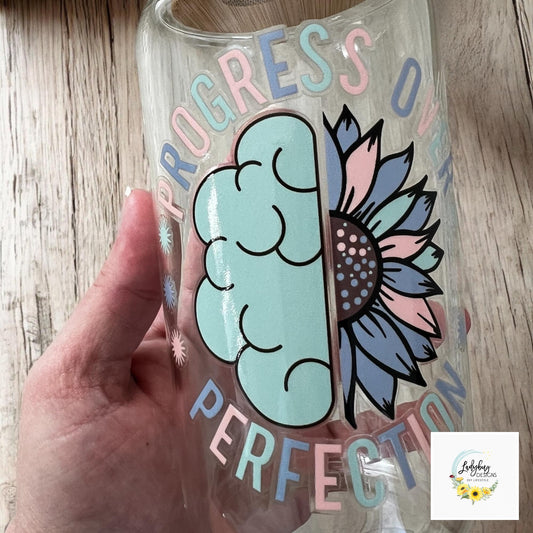 Mental Health Progress Over Perfection 16 oz Beer Can Glass