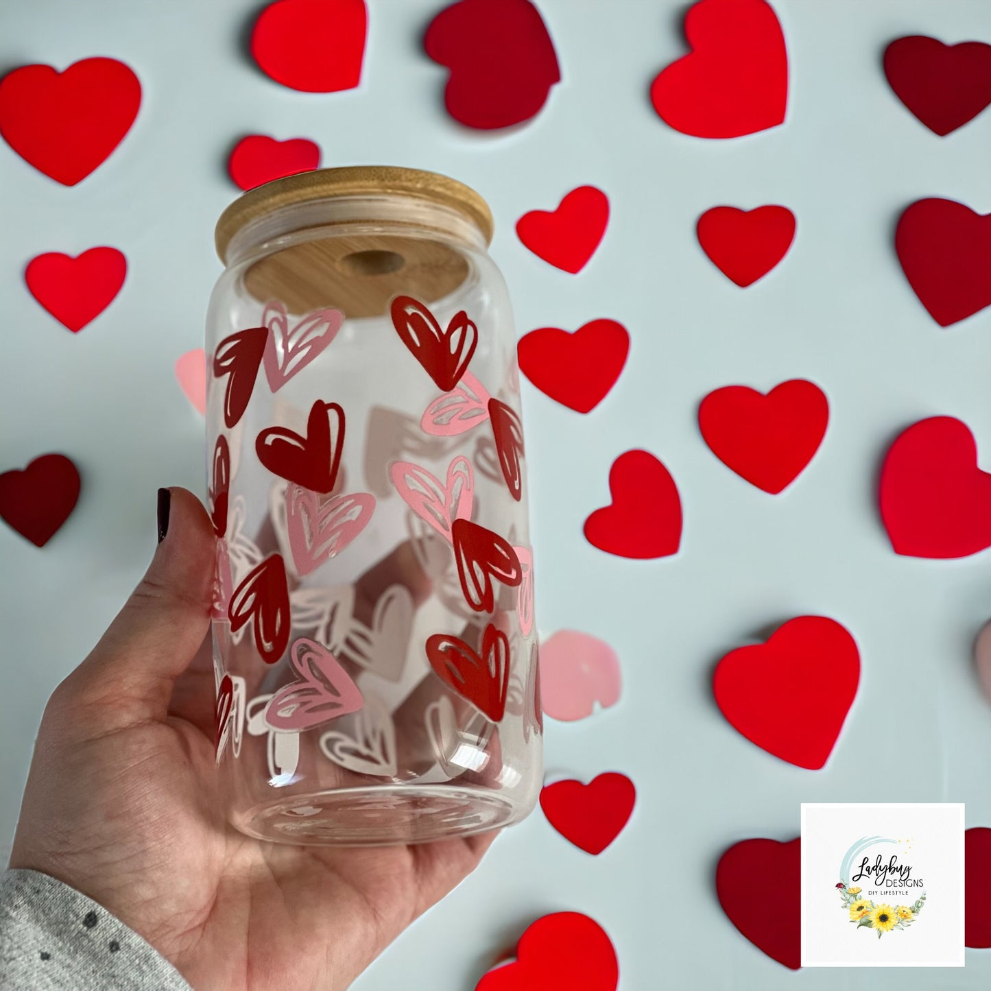 Hearts Valentine’s Day Glass Cup, Hearts Iced Coffee Can Glass, Valentine’s Day Swag, Valentine's Day Libbey Cup, Fiance Valentine's Day