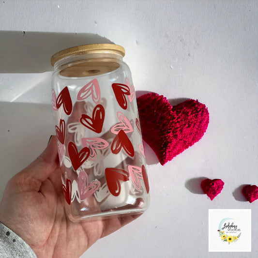 Hearts Valentine’s Day Glass Cup, Hearts Iced Coffee Can Glass, Valentine’s Day Swag, Valentine's Day Libbey Cup, Fiance Valentine's Day