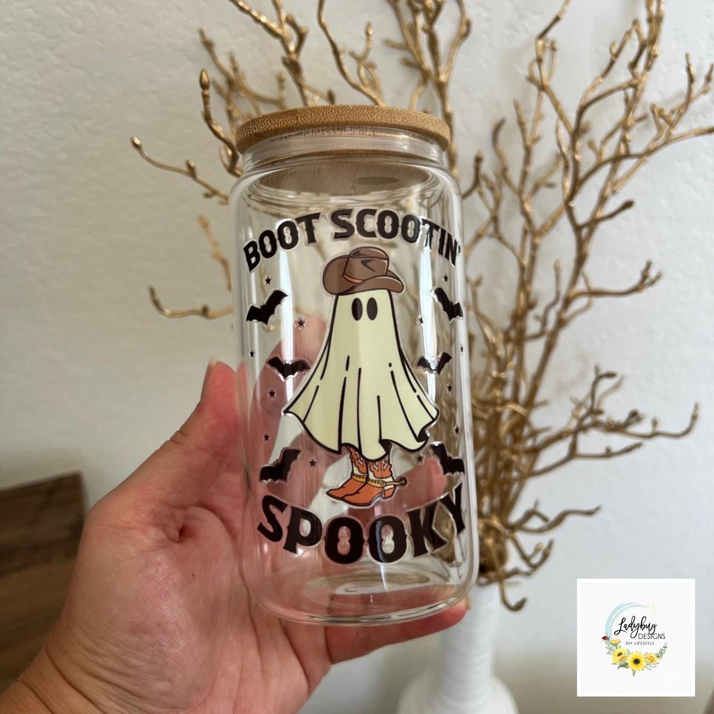 Boot Scootin Spooky Halloween Beer Can Glass with Bamboo Lid & Plastic Straw