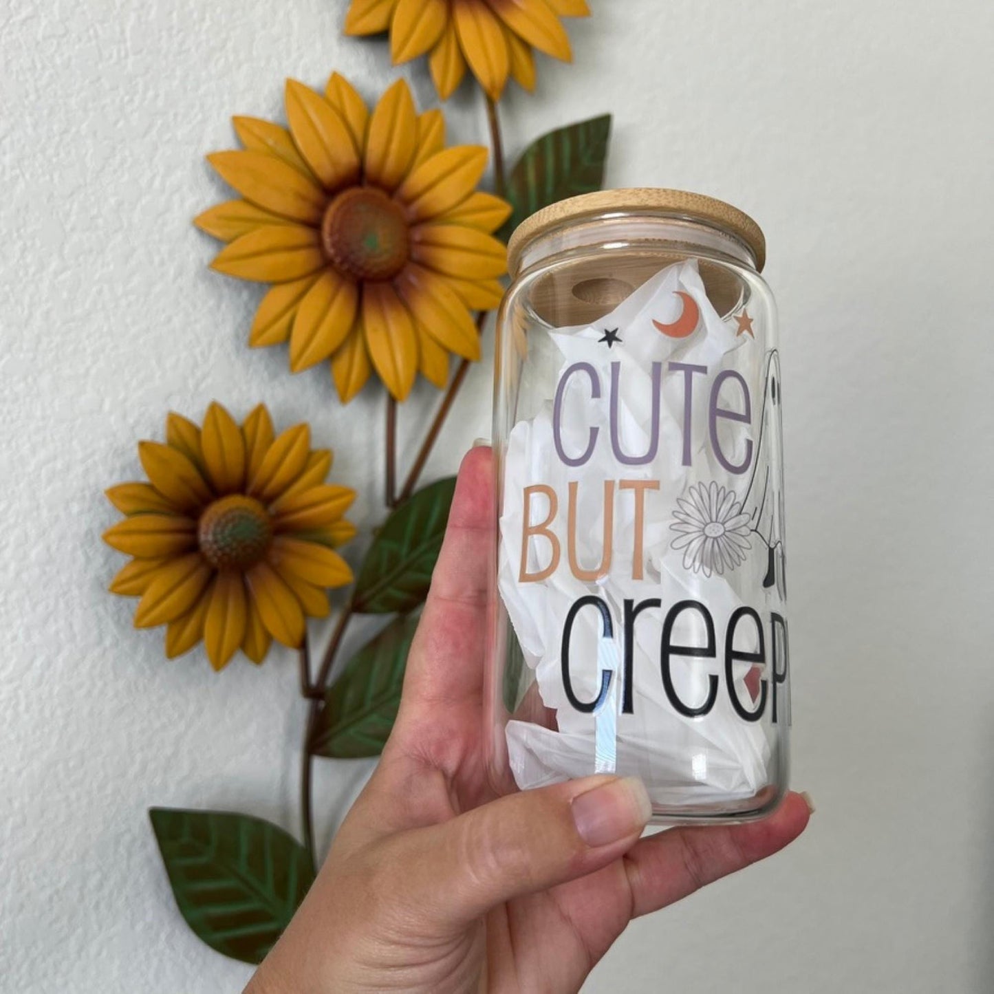 Cute but Creepy Halloween Beer Can Glass with Bamboo Lid & Plastic Straw